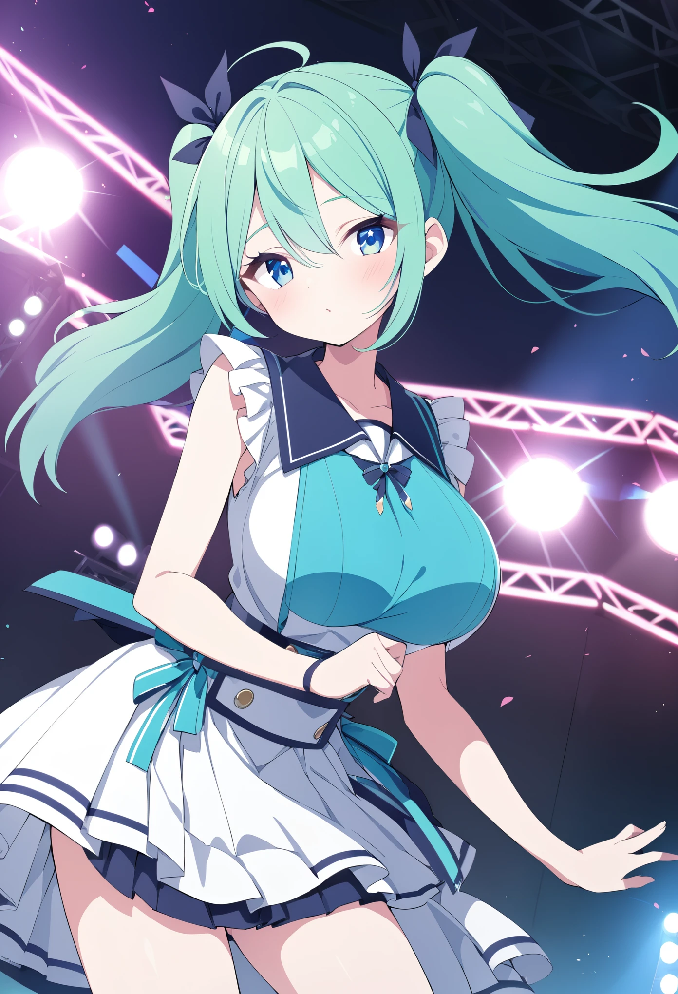 Ques, green hair, blue hair, twintails, blue eyes, 13years old, (large breasts:1.3) , Live Stage, solo