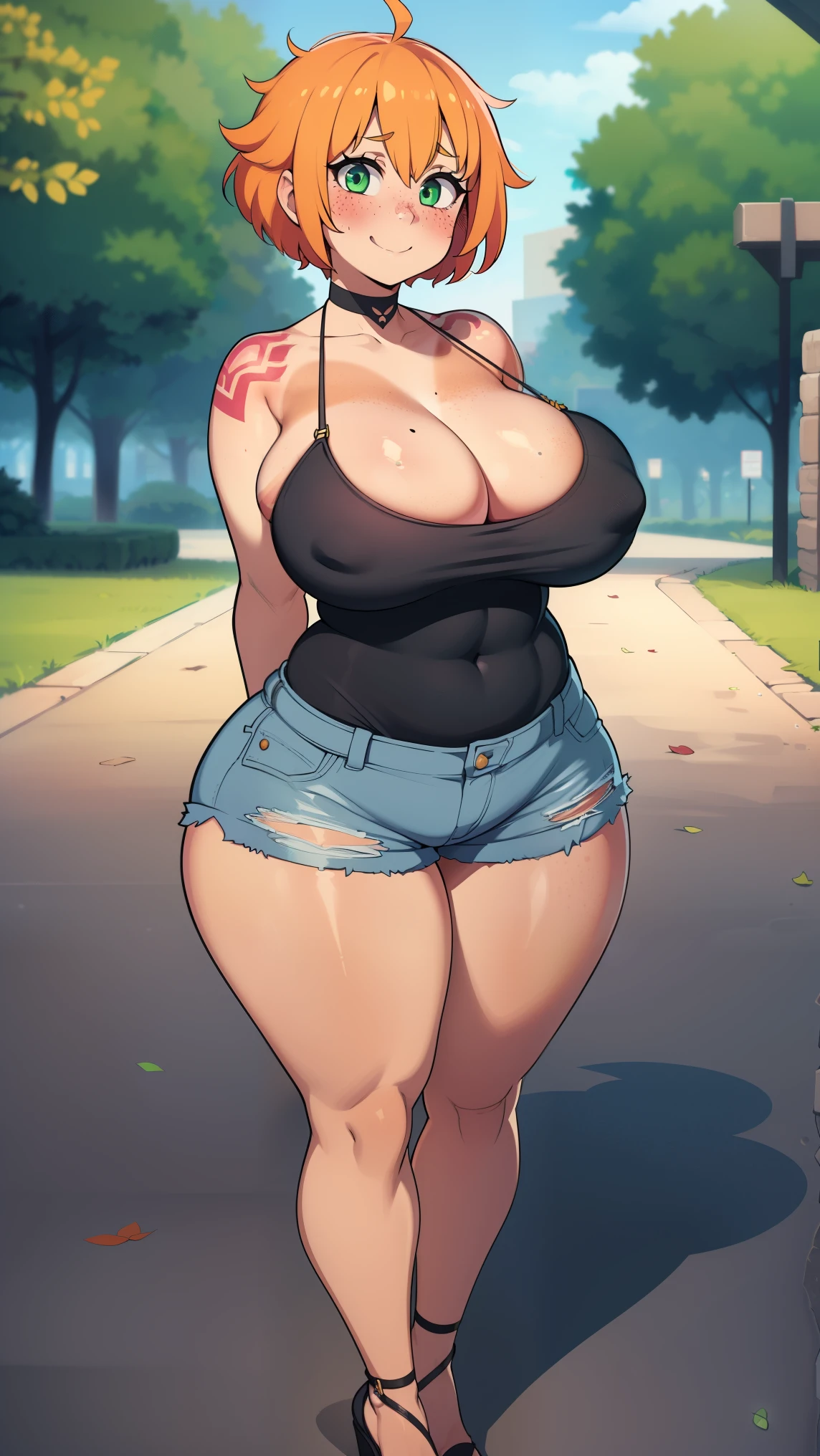 ((highres)), Masterpiece, high quality, best quality, beautiful, perfect lighting, detailed face, ultra cute face, depth of field, full body shot, (cowboy shot 1.5), wide angle, ((1girl)), ((solo)), huge tits
Short hair, messy hair, orange hair, freckles, green eyes, ((blush)), bright smile, shy, looking at viewer, (white biniki top 1.5), ( jean shorts 1.5), (thick thighs), (wide hips), cleavage, huge breasts, perky tits, arms behind back, cute pose, (tattoos) (tan skin) black eyeliner stockings
20 year old female, standing in a park, (park), nighttime, summertime, good hands 1k choker black glows armor