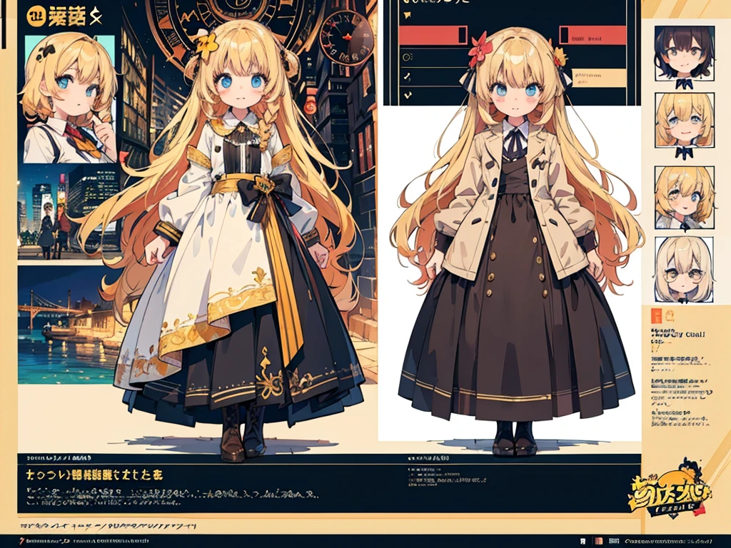 Anime, (masterpiece, top quality:1.4), Not Safe for Work, detailed skin, detailed face, 1girl, idol, cute face, , 14-yo,
blue eyes, droopy eyes, big eyes:1.5, laughing, red blush, (blonde-yellow hair), long hair, (shiny wavy hair), big clock hair ornament, , cute, baby face, twinkle in the eye, small breasts, braided bangs, white ruffle shirt, brown vest, brown layered skirt, coat, ankle boots, big clock pendant,
(Design sheet:1.3), (multi-angle and detailed view:1.3),