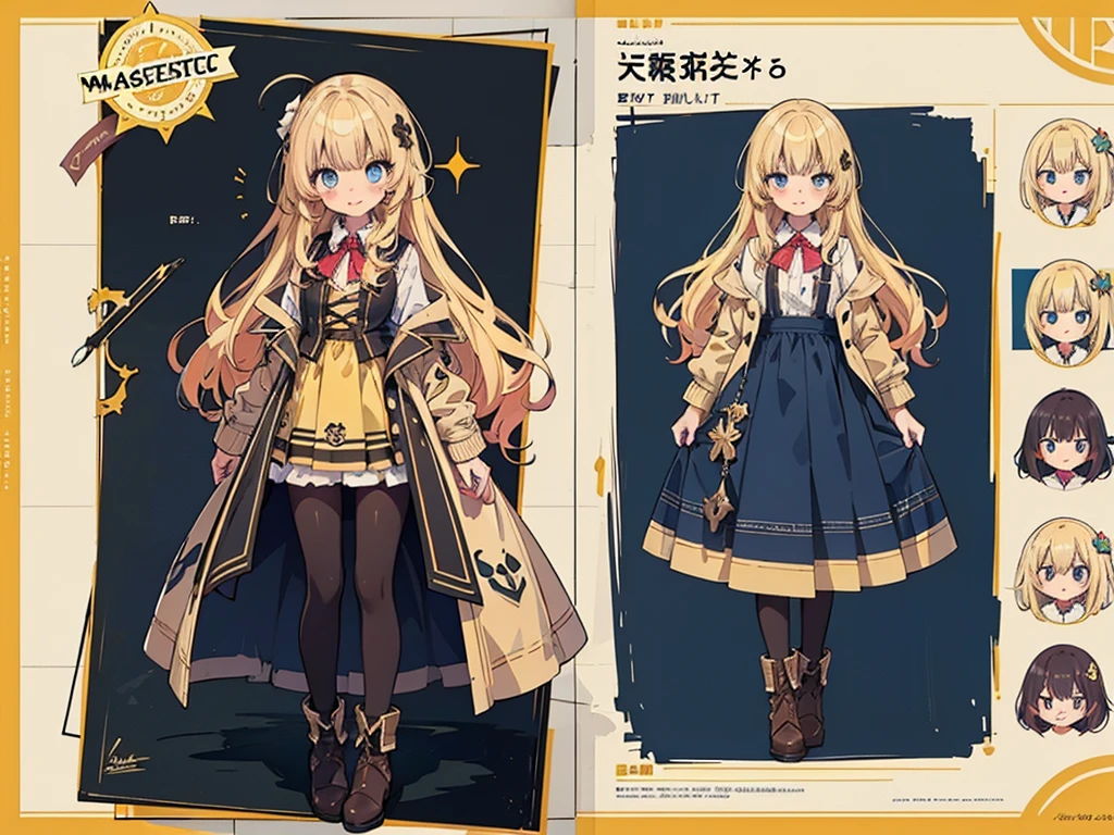 Anime, (masterpiece, top quality:1.4), Not Safe for Work, detailed skin, detailed face, 1girl, idol, cute face, , 14-yo,
blue eyes, droopy eyes, big eyes:1.5, laughing, red blush, (blonde-yellow hair), long hair, (shiny wavy hair), big clock hair ornament, , cute, baby face, twinkle in the eye, small breasts, braided bangs, white ruffle shirt, brown vest, brown layered skirt, coat, ankle boots, big clock pendant,
(Design sheet:1.3), (multi-angle and detailed view:1.3),