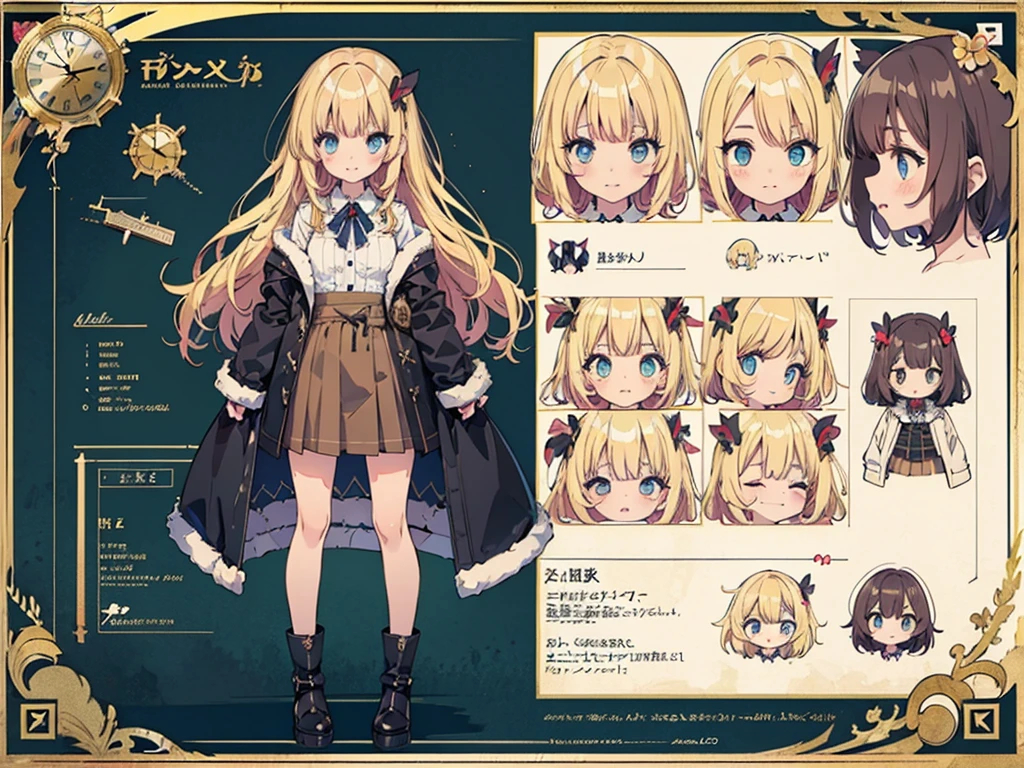 Anime, (masterpiece, top quality:1.4), Not Safe for Work, detailed skin, detailed face, 1girl, idol, cute face, , 14-yo,
blue eyes, droopy eyes, big eyes:1.5, laughing, red blush, (blonde-yellow hair), long hair, (shiny wavy hair), big clock hair ornament, , cute, baby face, twinkle in the eye, small breasts, braided bangs, white ruffle shirt, brown vest, brown layered skirt, coat, ankle boots, big clock pendant,
(Design sheet:1.3), (multi-angle and detailed view:1.3),