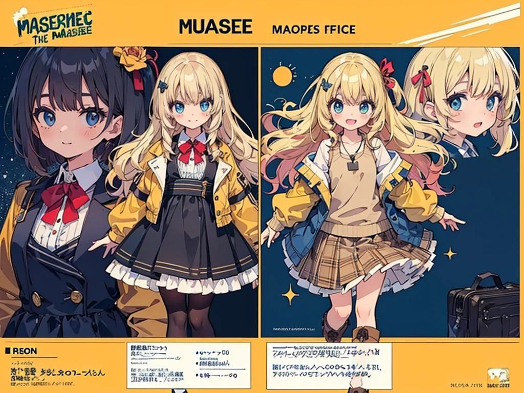 Anime, (masterpiece, top quality:1.4), Not Safe for Work, detailed skin, detailed face, 1girl, idol, cute face, , 14-yo,
blue eyes, droopy eyes, big eyes:1.5, laughing, red blush, (blonde-yellow hair), long hair, (shiny wavy hair), big clock hair ornament, , cute, baby face, twinkle in the eye, small breasts, braided bangs, white ruffle shirt, brown vest, brown layered skirt, coat, ankle boots, big clock pendant,
(Design sheet:1.3), (multi-angle and detailed view:1.3),