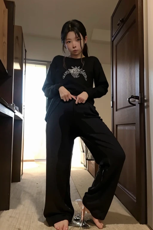 Japanese Girl sees the ghost and pees her black palazzo pants until her pants are wet in fright.