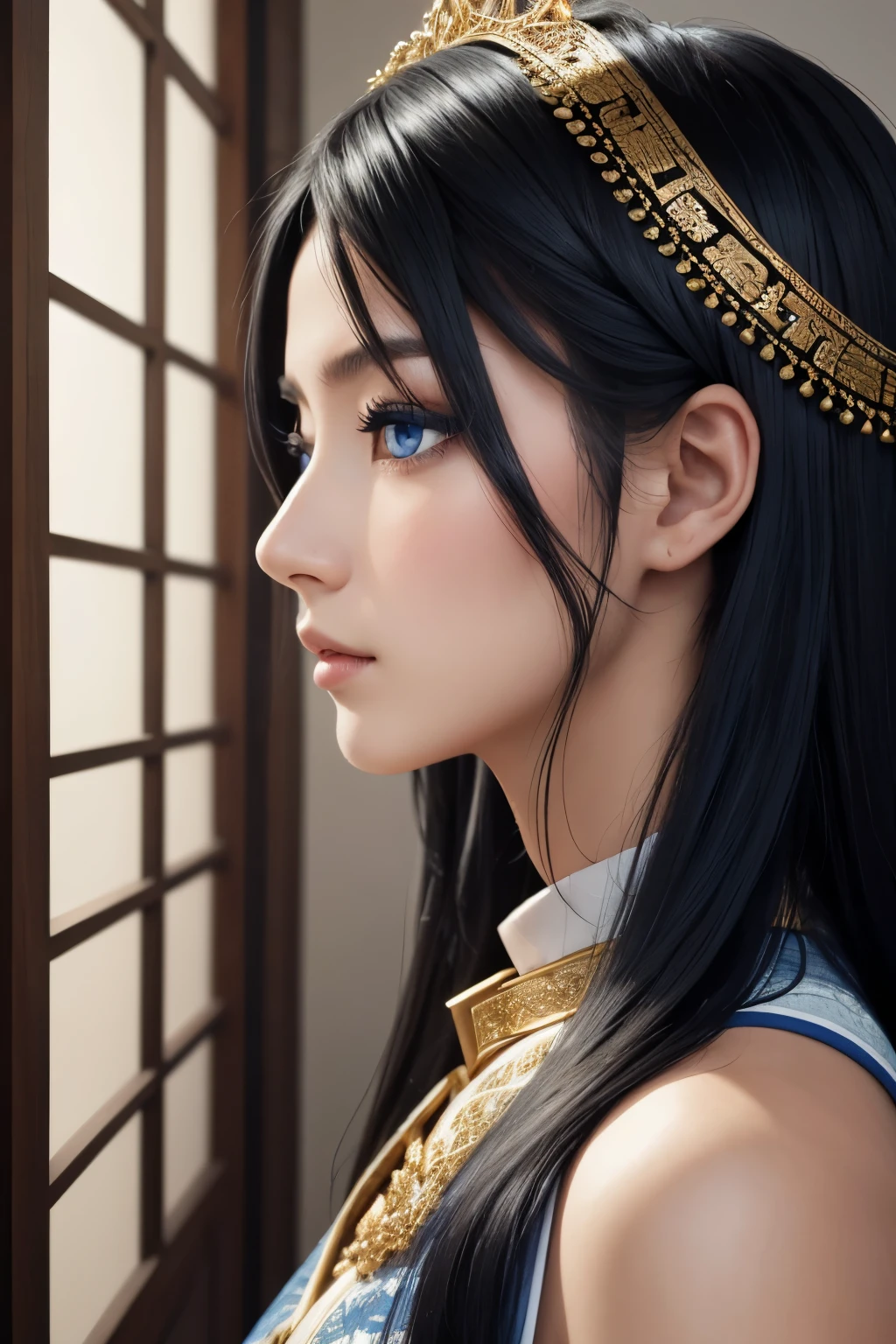(Famale: 1.1), blue eyes, profile, oriental beauty, black hair