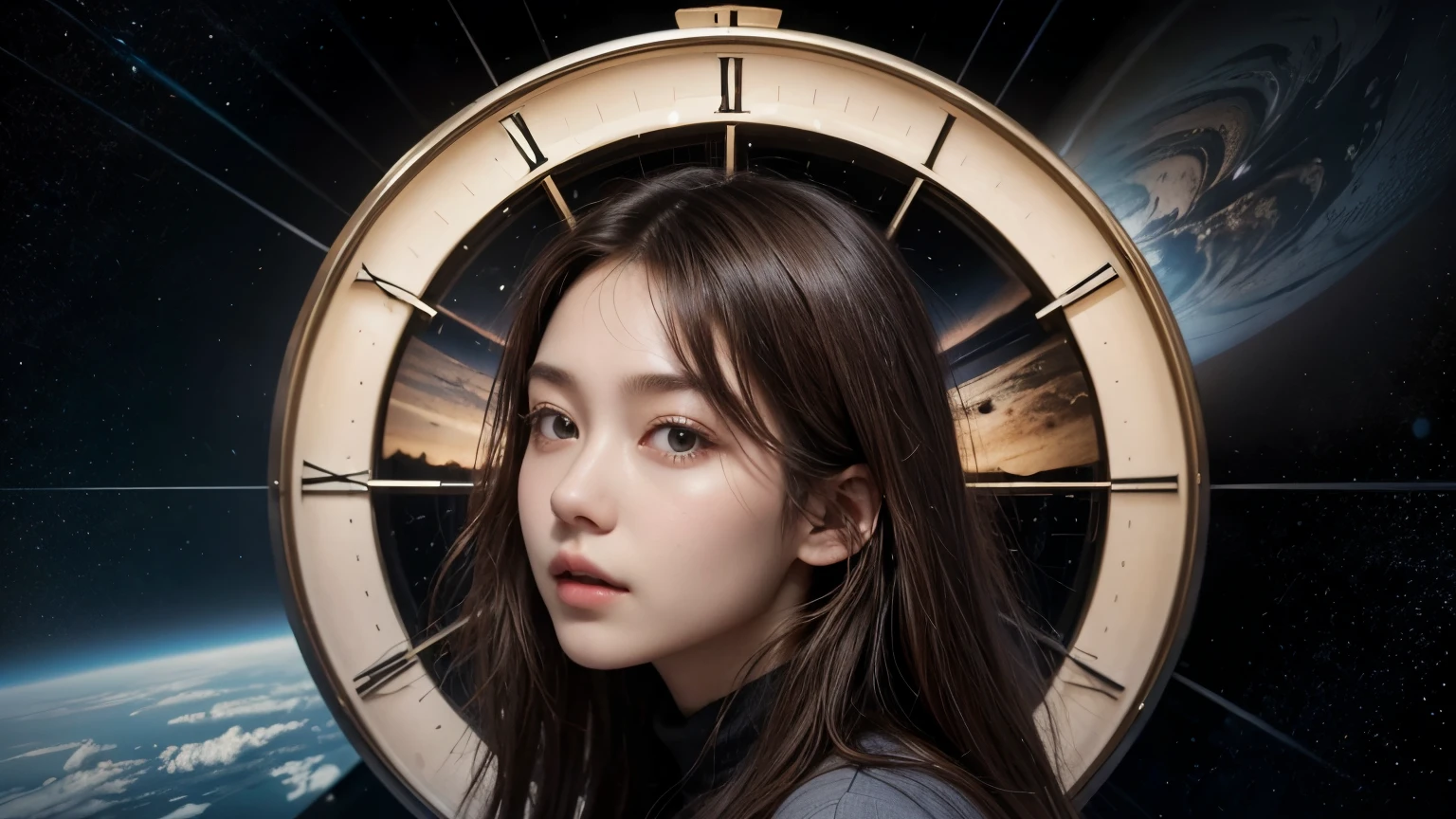 One beautiful woman。Twenty years old。Dark brown hair。Behind her is space and outer space.、There is a giant clock。Masterpiece。