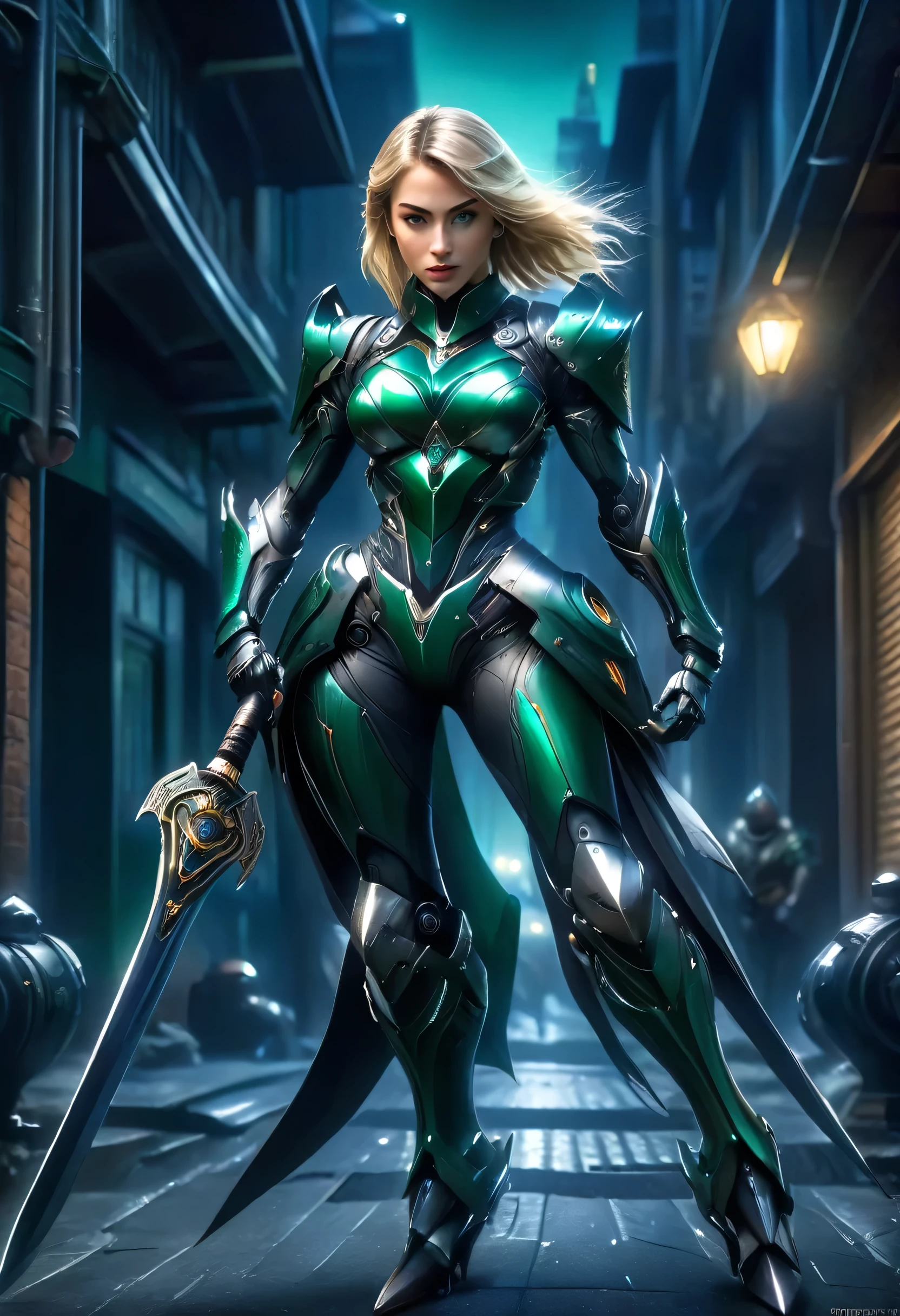 high details, best quality, 16k, [ultra detailed], masterpiece, best quality, (extremely detailed), full body, ultra wide shot, photorealistic, a picture of a woman assassin ready to combat in a dark alley, she holds a sword in hand, exquisite beautiful woman, she has pixie cut blond hair, emerald green eyes, she wears a tight leather suit, the suit has mecha gadgets,  she kneels in fantasy dark street of fantasy setting city, its night time, the moon is high in the sky, many stars in the night, high details, best quality, highres, ultra wide angle, DonMN1gh7XL