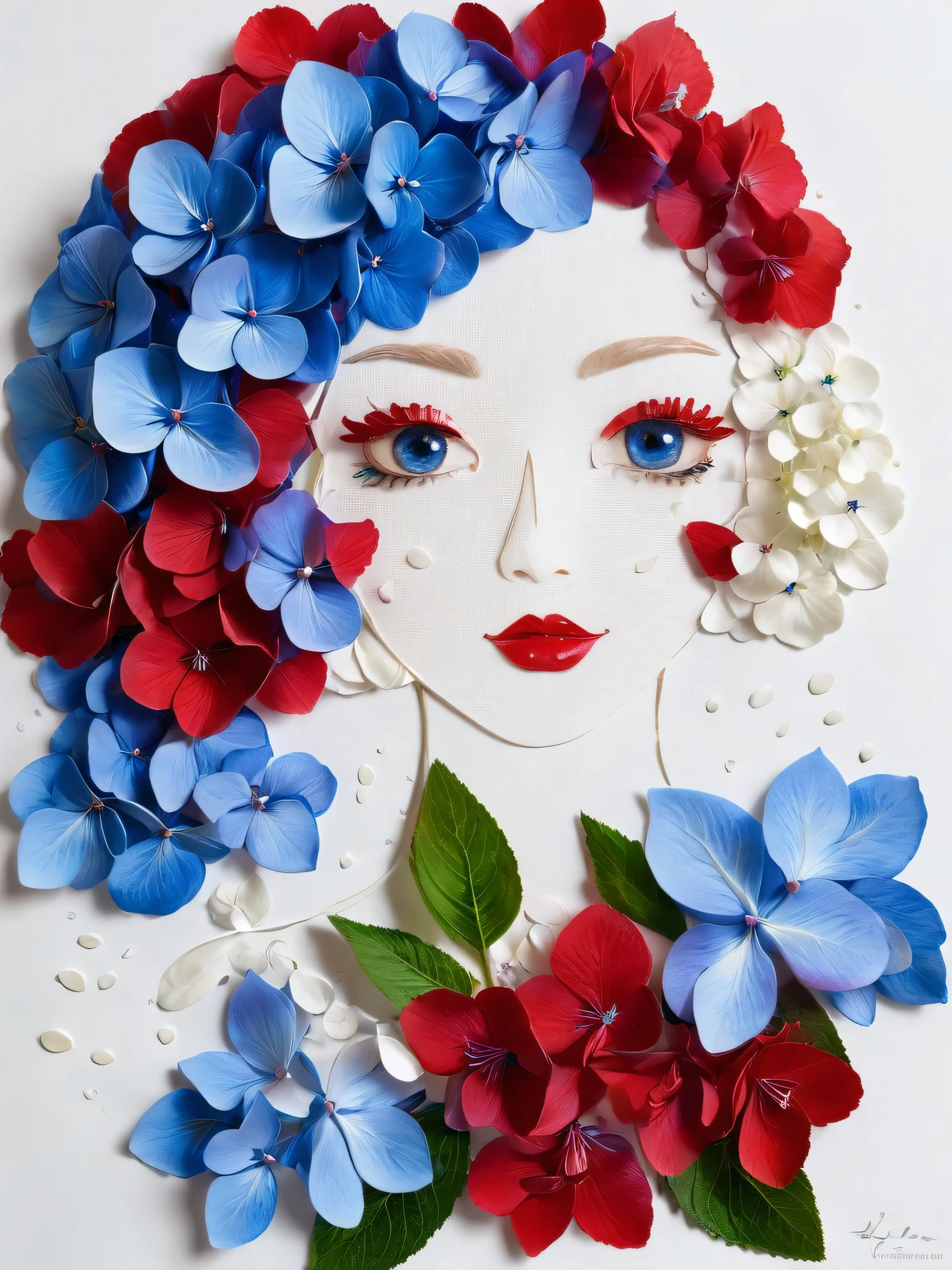 Hydrangea Flower Crafts, A girl made of red and blue flowers, Hydrangea、petal、Portraiture, White canvas background、