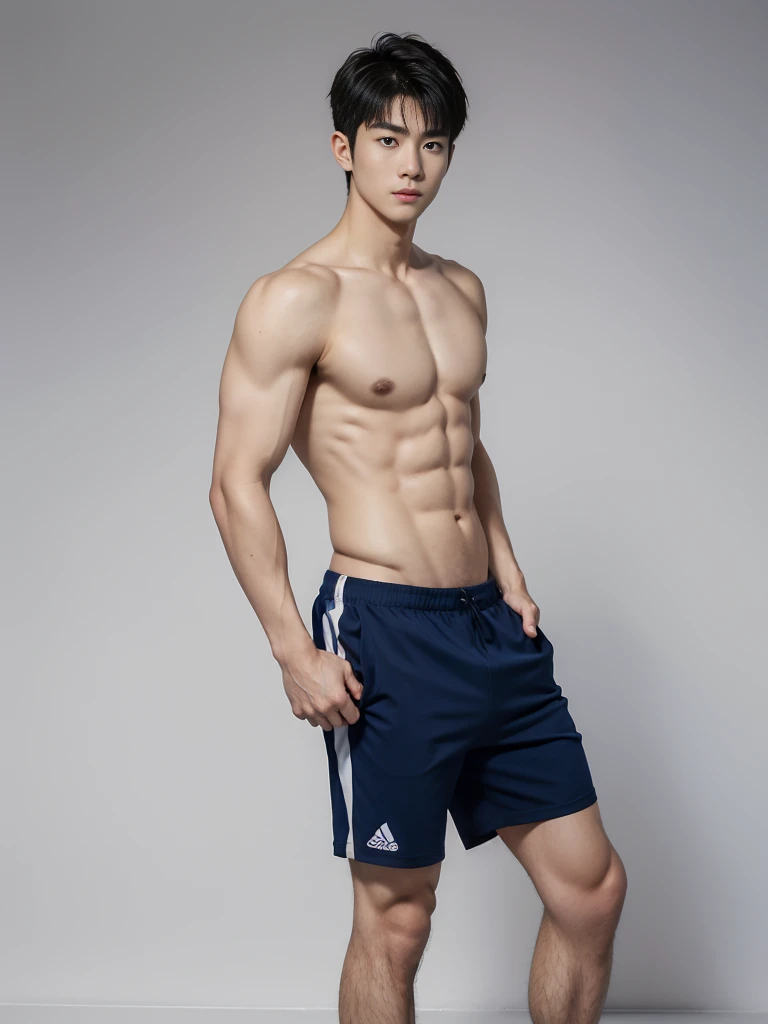 1 Handsome naked Japanese guy ,Sexy pose, A 20 year-old man wearing a Bare chest shirt and Excellent shorts stands against a white background, navy blue, navy blue, Sports T-shirt, blue, Excellent Sportswear, Gorgeous and sexy clothes, Sportswear, Short sleeve, Jinjinshen blue clothes, Tall young man, Tennis suits, 穿着Sportswear, dark blue decorative clothing,male,Bare chest,Full chest muscles,Six-pack,Hips, Handsome,High,Muscles look good,hairy body,Sexy expression, Wheat complexion,black eyes(thin eyes 1:3),Full body image, Excellent, perfect dick shape, Perfect hand details,Detailed you, , Mostly juicy ass, The opening of your legs