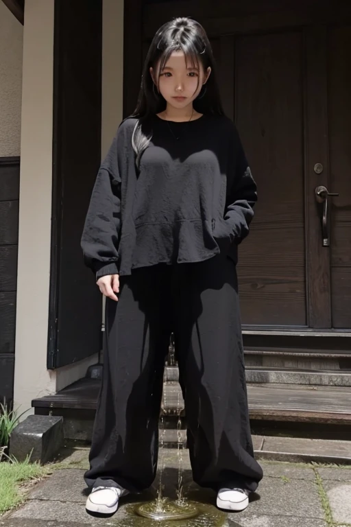 Japanese Girl sees the ghost and pees her black palazzo pants until her pants are wet in fright.