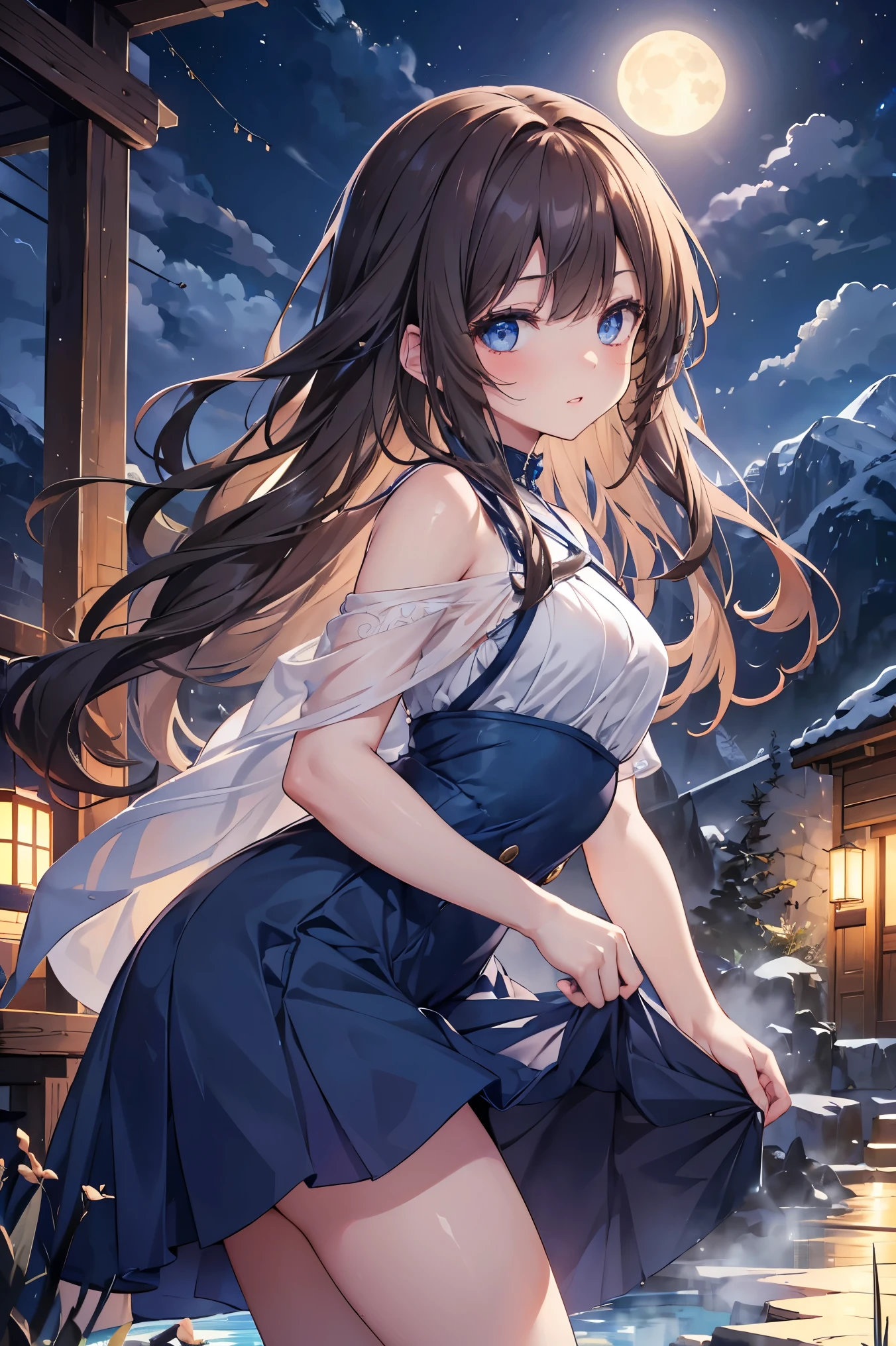 1 female、whole body、lower angle、Brown Hair、Long Hair、Well-groomed face、Thick lips、blue eyes、Blue dress、valley、slim、mini skirt、break、Mountain、Hot Spring Town、night、full moon、break、masterpiece、Ultra-high resolution、delicate、Perfect lighting、sunlight、16k