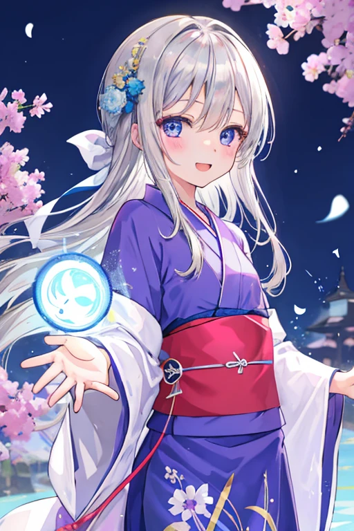 One girl, bangs, The background is blurred, Similar to Hoshino Rumi, Small breasts,  Long Hair(silver:1.2), Blue Eyes(Blue:1.2), Long yukata(purple:1.2), Displaying the viewer, Open your mouth, smile, alone, Very detailed, complicated, masterpiece, Absurd