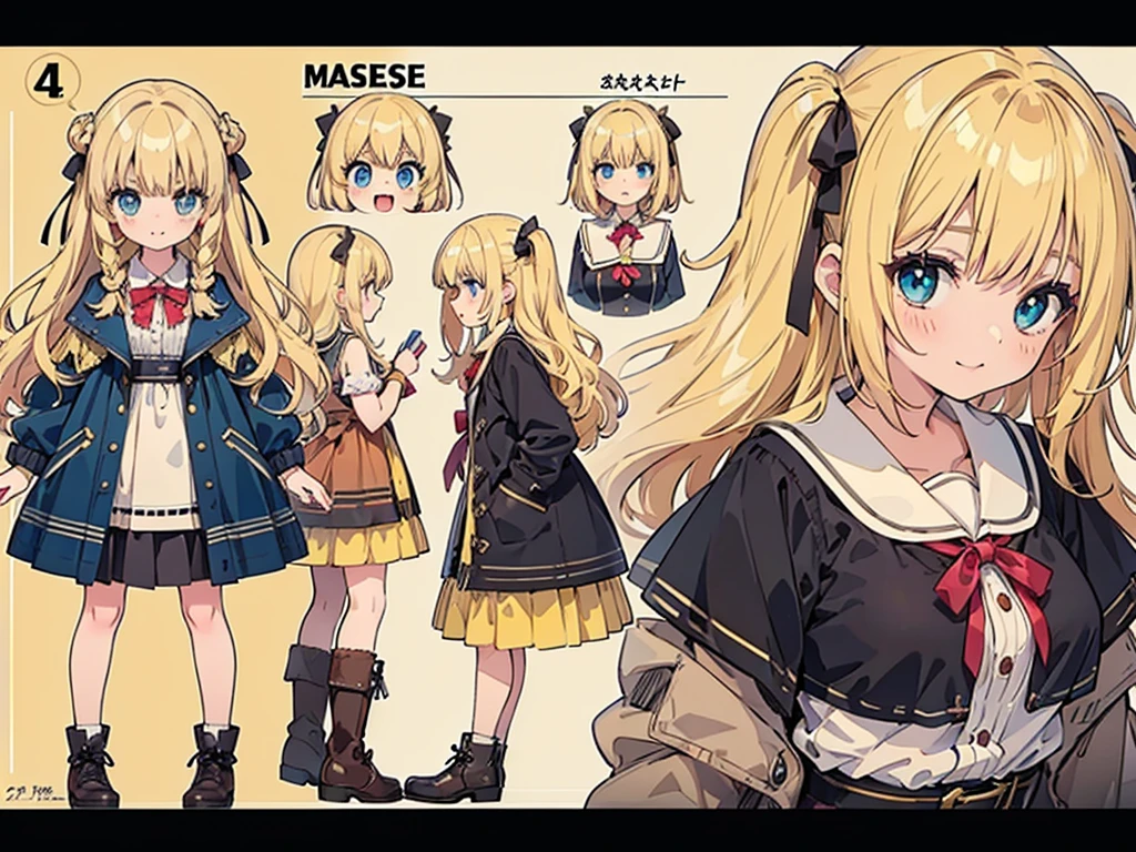 Anime, (masterpiece, top quality:1.4), Not Safe for Work, detailed skin, detailed face, 1girl, idol, cute face, , 14-yo,
blue eyes, droopy eyes, big eyes:1.5, laughing, red blush, (blonde-yellow hair), long hair, (shiny wavy hair), hair ribbon with a big clock:1.4, cute, baby face, twinkle in the eye, small breasts, braided bangs, white ruffle shirt, brown vest, brown layered skirt, coat, ankle boots, big clock pendant,
(Design sheet:1.3), (multi-angle and detailed view:1.3),