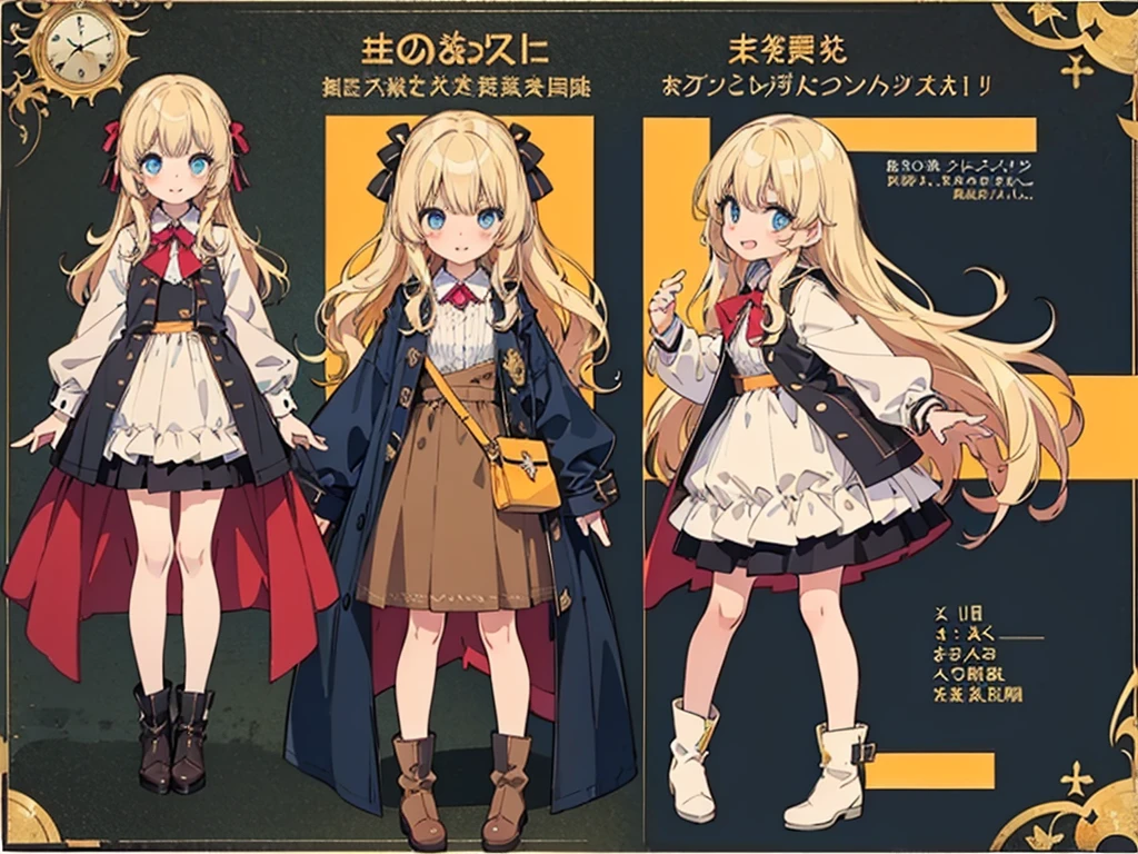 Anime, (masterpiece, top quality:1.4), Not Safe for Work, detailed skin, detailed face, 1girl, idol, cute face, , 14-yo,
blue eyes, droopy eyes, big eyes:1.5, laughing, red blush, (blonde-yellow hair), long hair, (shiny wavy hair), hair ribbon with a big clock:1.4, cute, baby face, twinkle in the eye, small breasts, braided bangs, white ruffle shirt, brown vest, brown layered skirt, coat, ankle boots, big clock pendant,
(Design sheet:1.3), (multi-angle and detailed view:1.3),