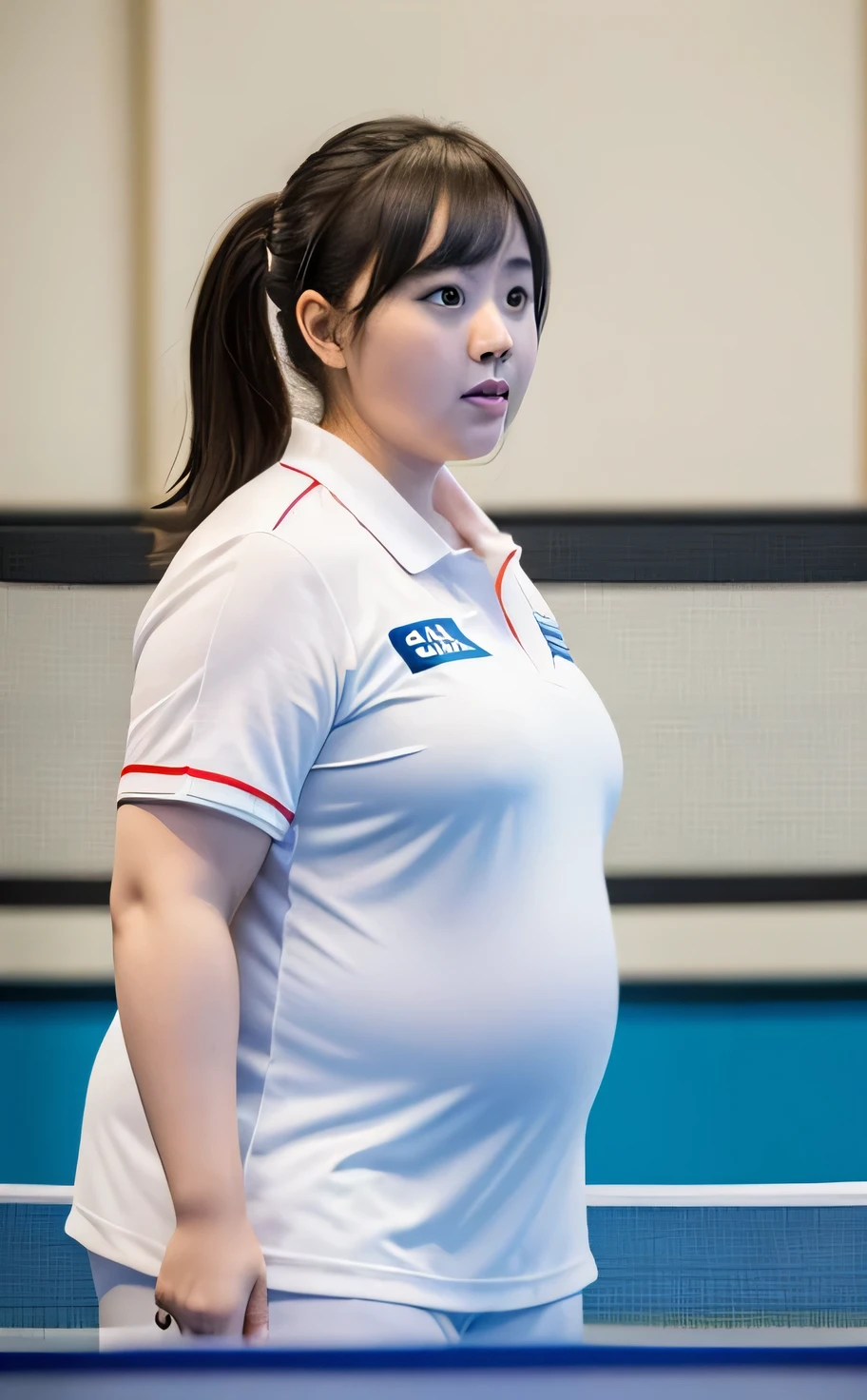 1 female, ((Overweight)), ((extremely fat)), ((Chubby)), white table tennis uniform, Ping-pong table, Japanese, 8K, highest quality, 超High resolution