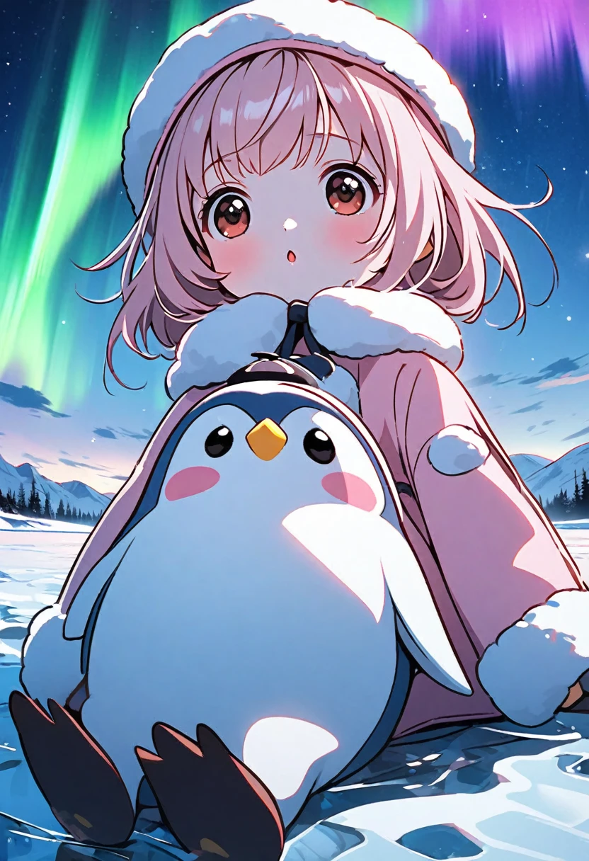 cute white and pink penguin girl, sitting on ice, looking up at aurora, 