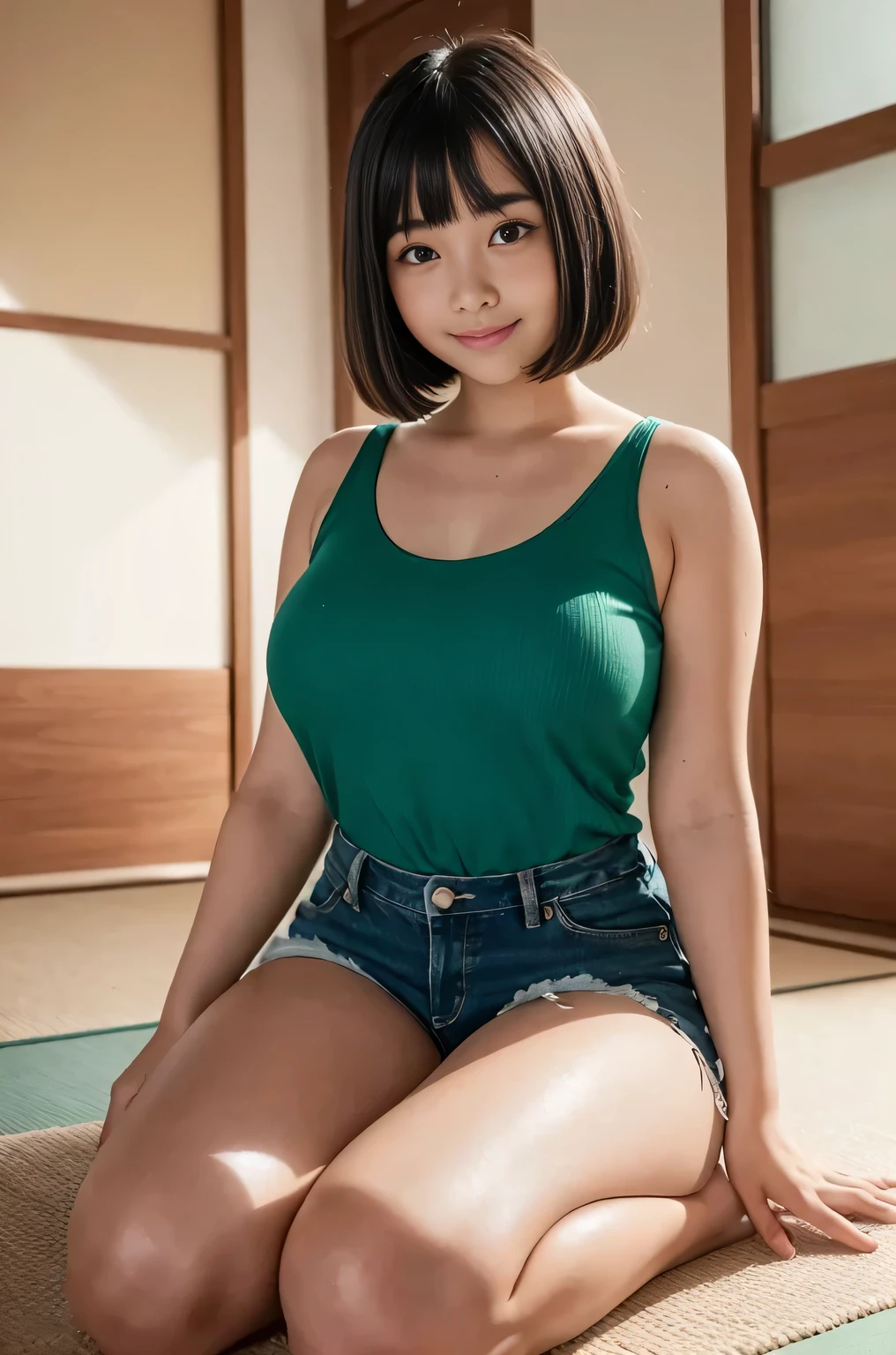 girl, cute smile face, A-line bob cut, black hair, parted long bangs, (thin eyebrows), green camisole, denim shorts, barefoot, ((thick thighs)), symmetrical eyes, sitting, full body shot, washitsu, scenery, tatami, sliding doors, indoors, window, Underexpose Lighting,