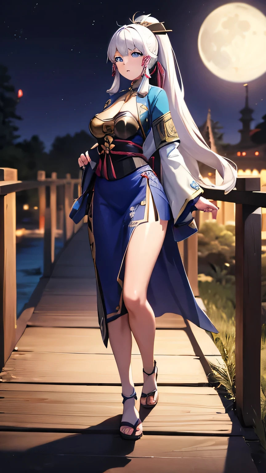 1girl, solo, long hair , looking at viewer, blue eyes, large breast, thick thighs, beautiful face, beautiful eyes, white kimono, white hair, ponytail, parted lips, forest, at night, moon light from behind, standing on a wooden bridge, full body, standing,