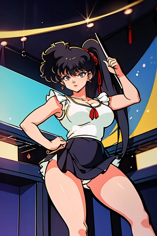 masterpiece,highest quality,Detailed, 1girl, solo girl, black hair, black eyes, Narrow eyes, ((sidetale))
, smiling, holding a mike, singing, music notes, Concert hall, stage, idol, idol outfit,  Yellow Hair Ribbon,Skirt with ruffles,Yellow Skirt,Big Breasts,No sleeve,V-neck Cleavage,Open chest,Thick thighs,1990s,Ranma,arm pit,Long legs,Raise your left hand,Belly button,White panties,Muscular legs standing with legs apart

