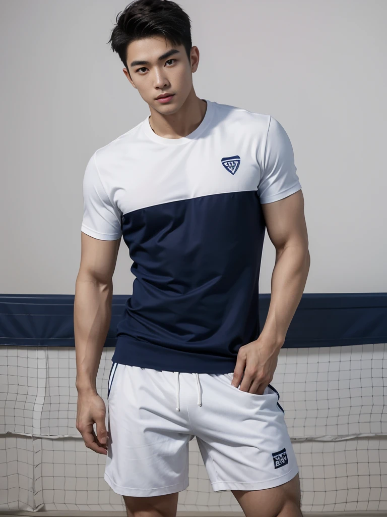 1 Handsome naked Japanese guy ,Sexy pose, A 20 year-old man wearing a Bare chest shirt and Excellent shorts stands against a white background, navy blue, navy blue, Sports T-shirt, blue, Excellent Sportswear, Gorgeous and sexy clothes, Sportswear, Short sleeve, Jinjinshen blue clothes, Tall young man, Tennis suits, 穿着Sportswear, dark blue decorative clothing,male,Bare chest,Full chest muscles,Six-pack,Hips, Handsome,High,Muscles look good,hairy body,Sexy expression, Wheat complexion,black eyes(thin eyes 1:3),Full body image, Excellent, perfect dick shape, Perfect hand details,Detailed you, , Mostly juicy ass, The opening of your legs