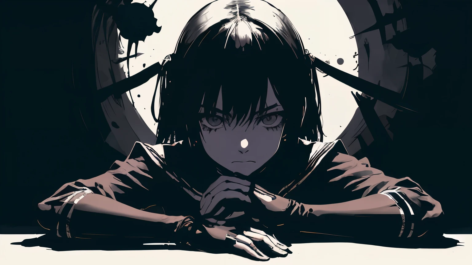 v5lcn style,Ink Art,(highest quality,Tabletop:1.2),(Black and white comic core:1.1),(extremely high contrast),Dark ink,One Girl,Black-haired,Shadow on face、8k,solve,high school girl,Sailor suit,