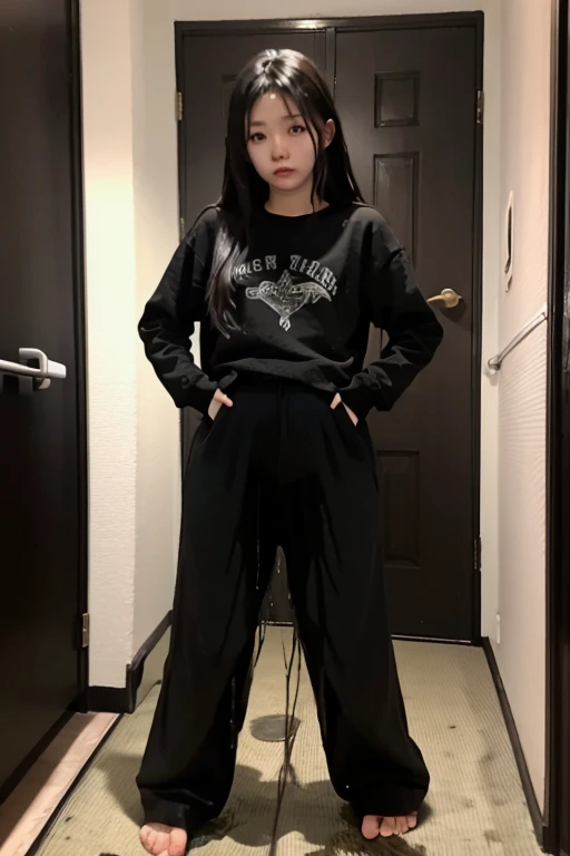 Japanese Girl sees the ghost and pees her black palazzo pants until her pants are wet in fright.