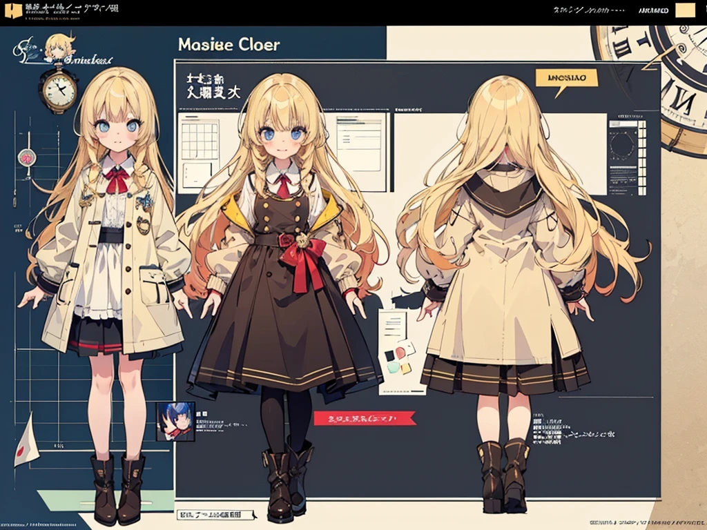 Anime, (masterpiece, top quality:1.4), Not Safe for Work, detailed skin, detailed face, 1girl, idol, cute face, , 14-yo,
blue eyes, droopy eyes, big eyes:1.5, laughing, red blush, (blonde-yellow hair), long hair, (shiny wavy hair), hair ribbon with a big clock:1.4, cute, baby face, twinkle in the eye, small breasts, braided bangs, white ruffle shirt, brown vest, brown layered miniskirt, coat, ankle boots, big clock pendant,
(Design sheet:1.3), (multi-angle and detailed view:1.3),