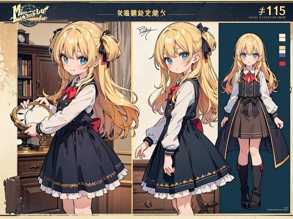 Anime, (masterpiece, top quality:1.4), Not Safe for Work, detailed skin, detailed face, 1girl, idol, cute face, , 14-yo,
blue eyes, droopy eyes, big eyes:1.5, laughing, red blush, (blonde-yellow hair), long hair, (shiny wavy hair), hair ribbon with a big clock:1.4, cute, baby face, twinkle in the eye, small breasts, braided bangs, white ruffle shirt, brown vest, brown layered miniskirt, coat, ankle boots, big clock pendant,
(Design sheet:1.3), (multi-angle and detailed view:1.3),