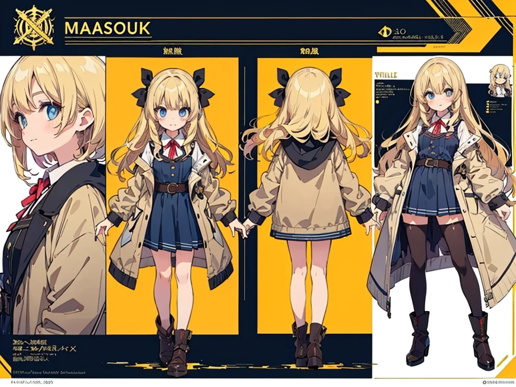 Anime, (masterpiece, top quality:1.4), Not Safe for Work, detailed skin, detailed face, 1girl, idol, cute face, , 14-yo,
blue eyes, droopy eyes, big eyes:1.5, laughing, red blush, (blonde-yellow hair), long hair, (shiny wavy hair), hair ribbon with a big clock:1.4, cute, baby face, twinkle in the eye, small breasts, braided bangs, white ruffle shirt, brown vest, brown layered miniskirt, coat, ankle boots, big clock pendant,
(Design sheet:1.3), (multi-angle and detailed view:1.3),