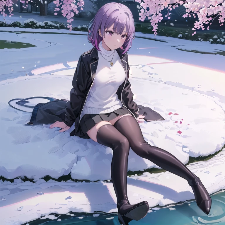 (((One girl))),(((full body shot))),Purple Hair,((Haruno YukinoshitaFull Body)),(masterpiece:1.2), highest quality,((((High resolution)))), unity 8k wallpaper, (shape:0.8), Highly detailed face, Perfect lighting, Highly detailed CG,(((garden))),(Big Breasts),((((Black jacket)))),((((White sweater)))),((((Black tight skirt)))),(((((Black long boots))))),((((Black pointed toe))))、((((Black stiletto heels))))、((((Thin legs)))),short hair,(White panties),(Put your hand on your skirt),Panchi et al.,((blue sky)),((((Open your jacket)))),(((((Intensify the colors))))),(((Snow Scene))),((Cherry Blossom Scenery)),((Sit on the ground in front of the pond)),((Feet sinking in the pond)),((Diamond Necklace))