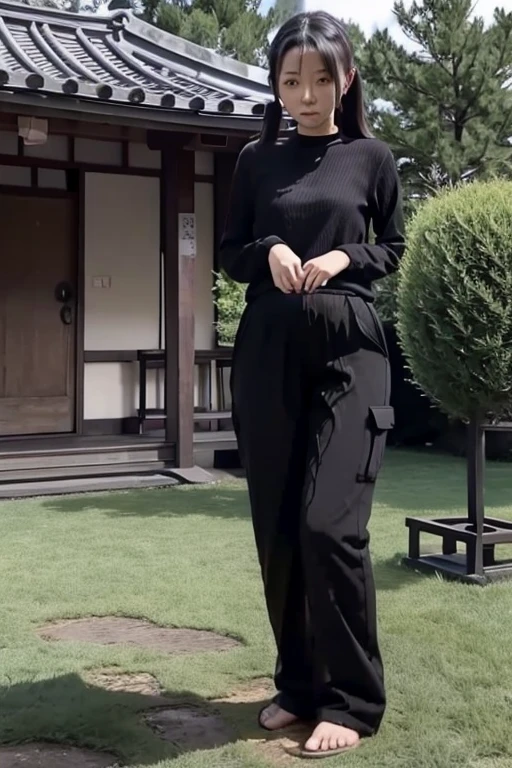 Japanese Girl sees the ghost and pees her black palazzo pants until her pants are wet in fright.