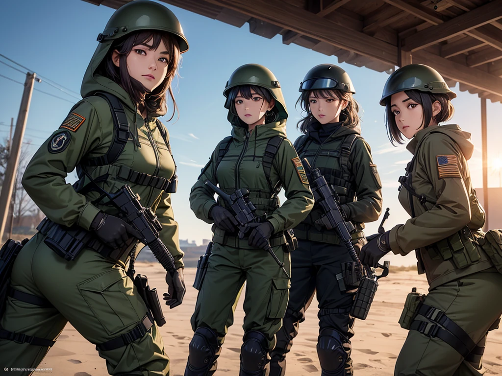 Four female special forces soldiers wearing helmets，All wearing dark green M51 military uniforms、wearing a hoodie、Frontal close-up、Side-by-side stations、Combat Shooting、military trousers、Magazine Pouch、Tactical harness、Elbow pads，Knee pads，Tactical Holster、Military base gate，Write details、masterpiece、best quality、Highly detailed CG、8K picture quality、theater lighting、lens flare
