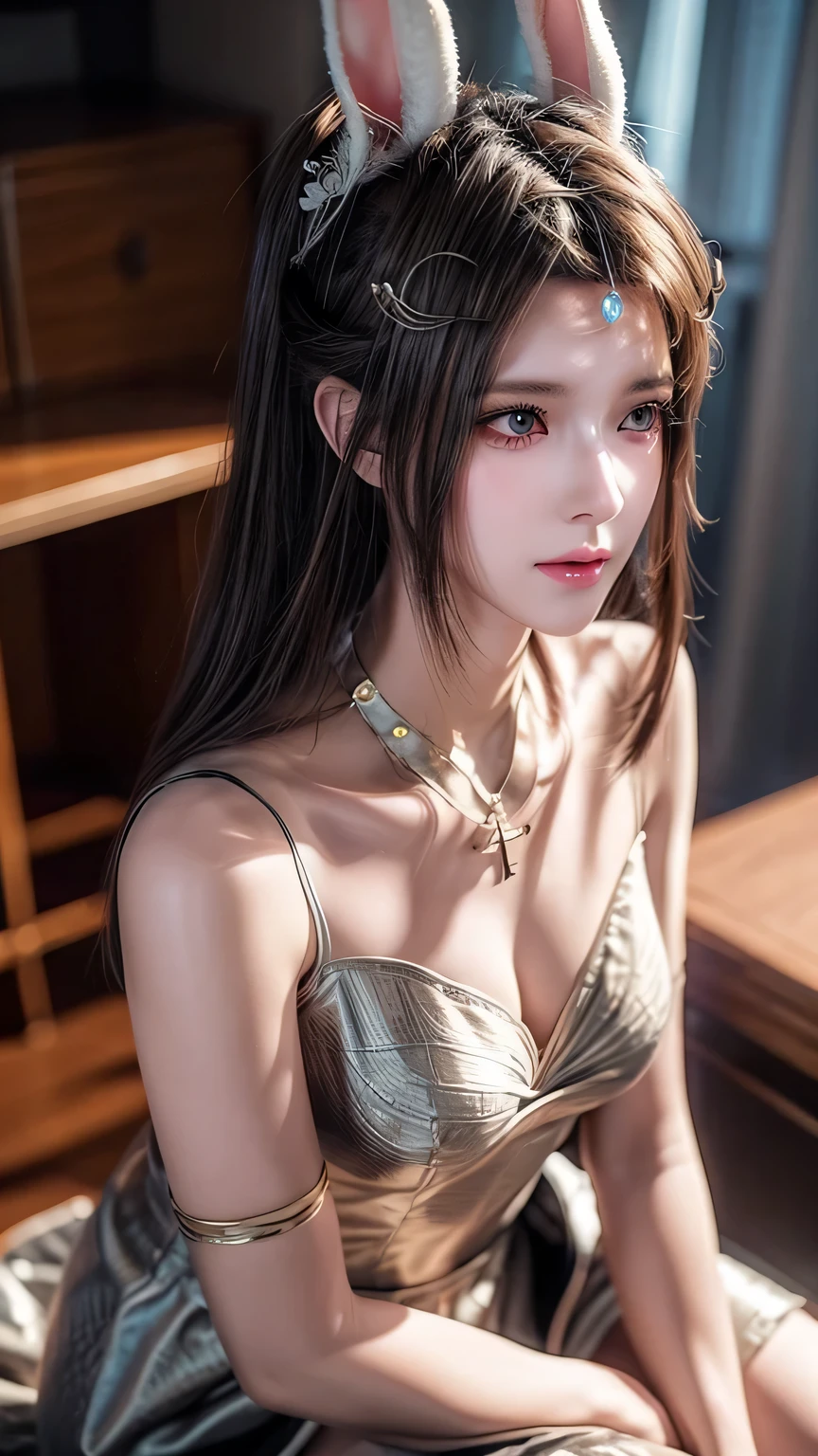 Close-up：A woman wearing bunny ears and a skirt，Beautiful anime CGI art，Realistic anime girl rendering，Realistic anime 3D style，Beautiful fantasy queen