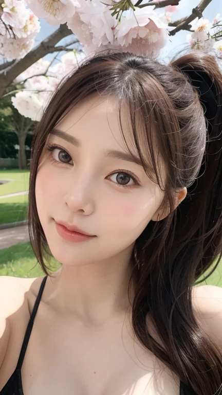 (best quality, 8k, masterpiece: 1.3), ((((((extremely giant breasts: 0.8))))), single ponytail, (beautiful face:1.3), Cherry blossoms are in full bloom, full of cherry blossoms, Floating cherry petals, Gorgeous, nude , full body