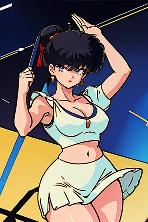 masterpiece,highest quality,Detailed, 1girl, solo girl, black hair, black eyes, Narrow eyes, ((sidetale))
, smiling, holding a mike, singing, music notes, Concert hall, stage, idol, idol outfit, Yellow Hair Ribbon,Skirt with ruffles,Yellow Skirt,Big Breasts,No sleeve,V-neck Cleavage,Open chest,Thick thighs,1990s,Ranma,arm pit,Long legs,Raise your left hand,Belly button,White panties,Muscular legs standing with legs apart