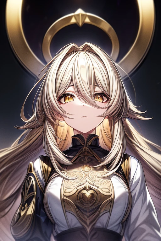 (masterpiece, best quality, perfect face, expressive eyes), 1girl, (anime), (adult), long blonde hair, yellow eyes, symbol eyes, white saintess outfit,