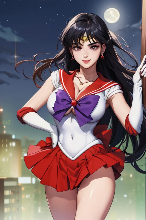 masterpiece, best quality, High resolution, looks like dua lipa, ( (((Large Breasts、Breast sagging、Low-cut,Cleavage ,Wide hips,)))((Long legs)),Hourglass figure)))Headdress, skirt, Sailor Suit, White gloves, Red sailor collar, red skirt, star necklace, Elbow gloves, pleated skirt, Bare Legs, clavicle, Purple bow, Cowboy shooting, permanent, Smile, moon, City, Dua Lipa in sailor moon customized