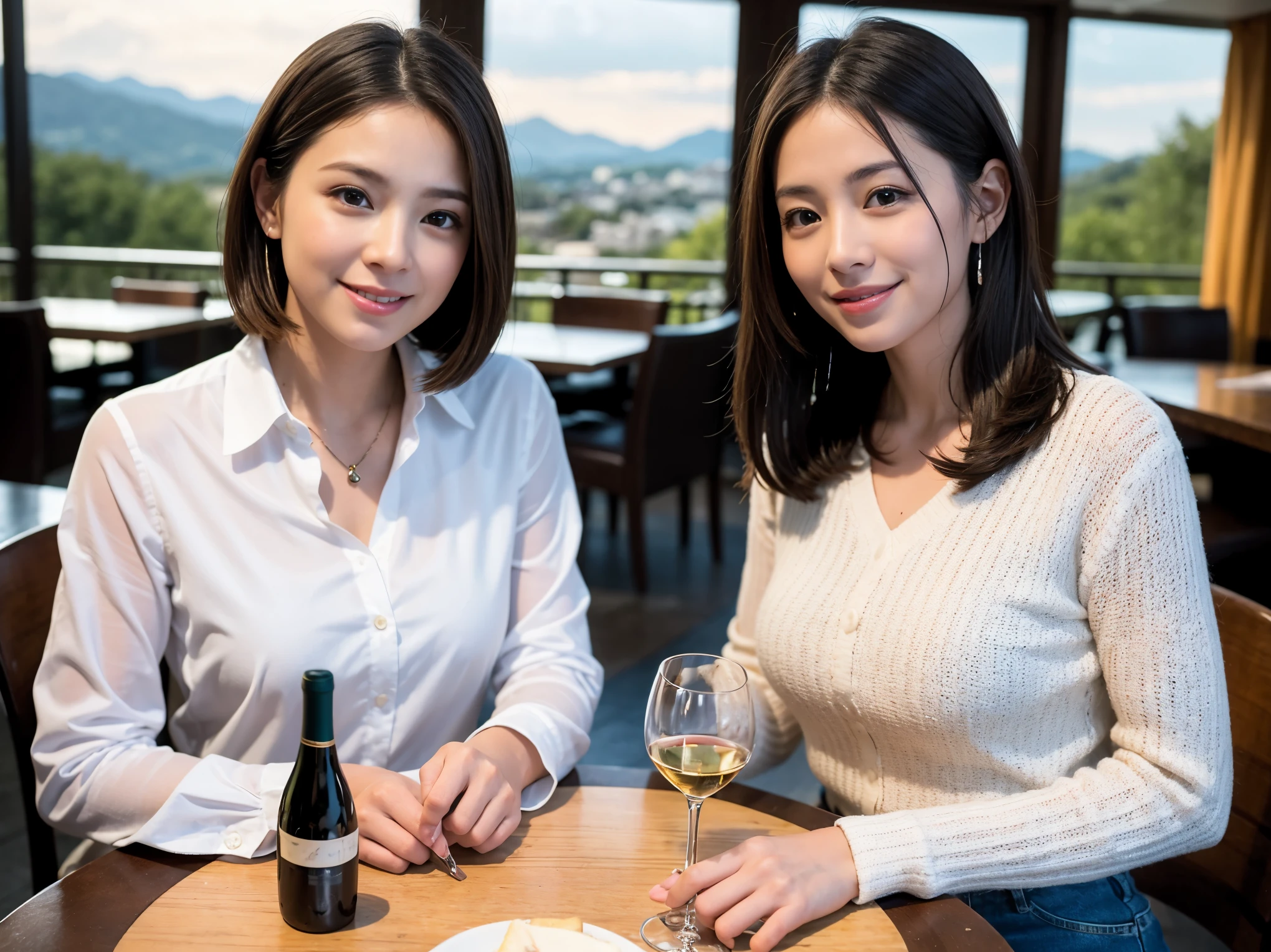 ((highest quality、8k、masterpiece:1.3))、1 male、1 woman who resembles Satomi Ishihara、Couple、Spouse、Couple、The body is slim、((Bob Hale、Straight hair:1.2)), (Realistic, Intricate details:1.2), テーブルの上のwine glass、Shine light on your face、 Amazing view of the sunset sky and clouds、Amazing mountain views、A bright smile、The wonderfulness of smile、Bright image、The beauty of wine, Beautiful Face, blue eyes, The light shines on your face, Blushing, short hair,Bright Face、 (42 years old), 39 years old, red wine 、Appetizers、Italian food、Wine bottle、Champagne、sparkling wine、Two beauties、Brown Hair、Shortcuts、Long sleeve shirt、dress、Pretty Woman 1, (slimな顔), (The body is slim), (Brown Hair), (Shortcuts), cheeks turn a little red,Attractive beauty、restaurant, In a prominent place (From the waist up) Nova Frog Style, actress, model, Upper Body, White wine, slim, wine glass, 中央に置かれたwine glass, smile, (smile: 1.15), Beautiful fine grain, Depth f/2,saturation, High Contrast, Strong light and shadow,Moist Body:1.5、3D texture、Delicate eyes、Brown Hair、The hair is very shiny、