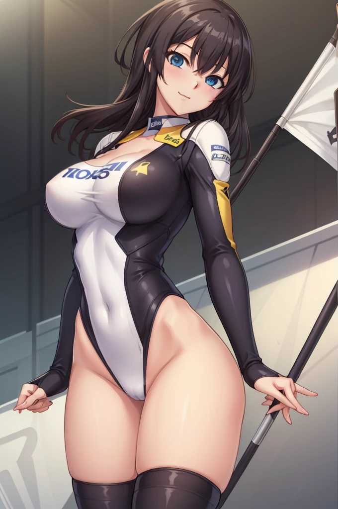 ((Tabletop, highest quality, High resolution, Hmph, Pixel Perfect, Written boundary depth, 4K)), 1 female, 40 years old, (Mature Woman:1.3), alone, Beautiful Anime Woman, Beautiful art style, close, Show Viewer, Perfect body, (Tall Woman), (Body like a model), (Upward-facing chest), Full face blush, smile, Thighs, Race Queen, White Background, Take the initiative, Raise the checkered flag, Cowboy Shot, concentrate, Randomly changing pose,