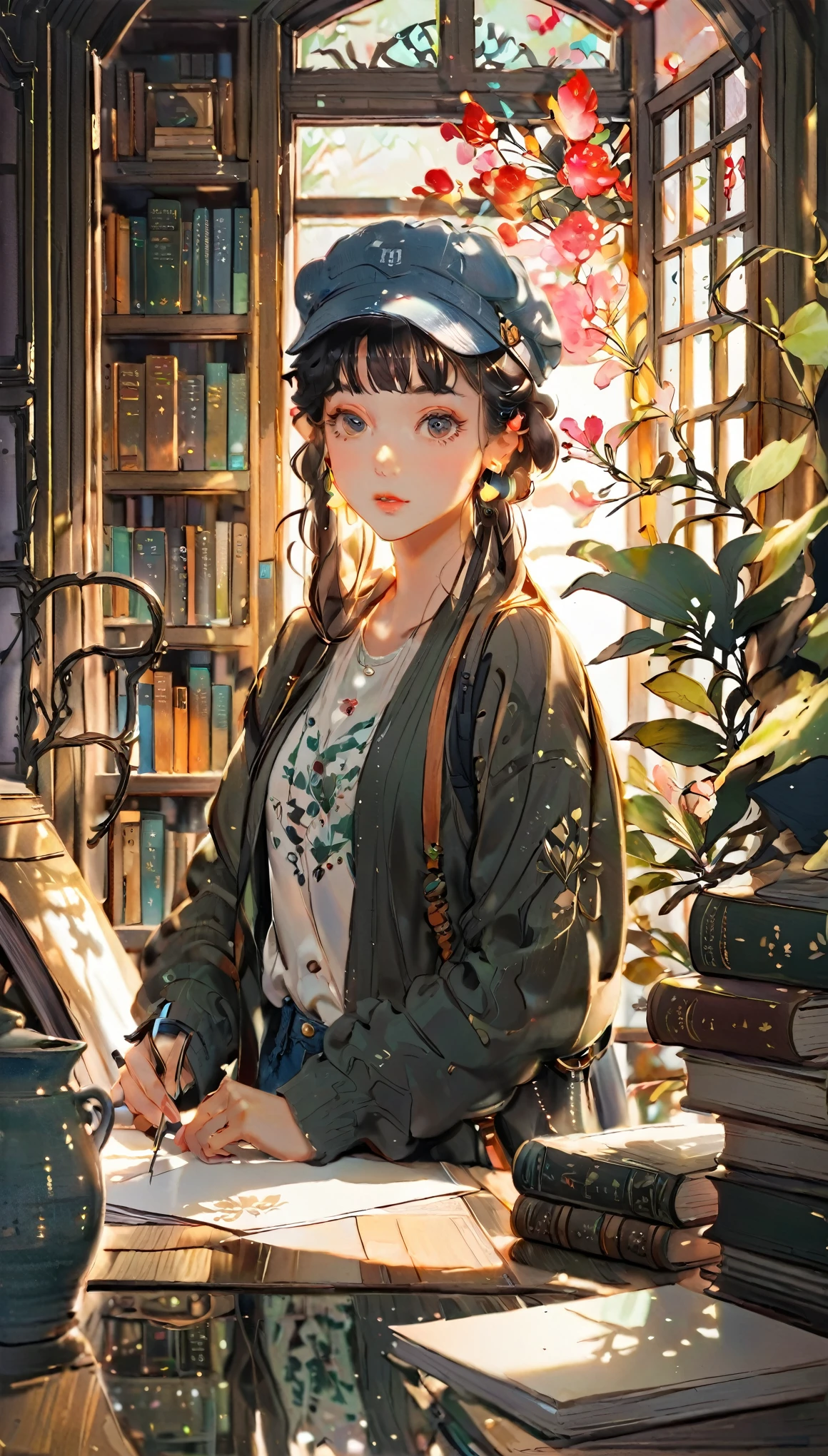 (((paper cutting style))), 1 girl, short black medium hair, cap, shirts and denim, portfolio, in a cozy library surrounded by books