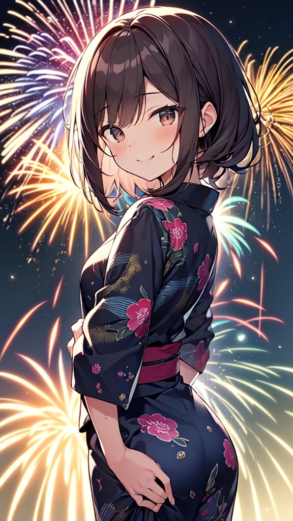 highest quality, masterpiece, Ultra-high resolution, 8k,Summer night sky,early summer,((yukata)),Show anime style , One, Soft Line Art, Digital Enhancement, shojo anime touch, shojo manga core, Flowing fabric, close, Soft Drawing, Ultra-Definition Digital Anime Art, Clear facial depiction, Super detailed girl cartoon character art, Ultra-detailed manga style, highest qualityの色,
(Short brown hair), Wet Hair,,Beautiful brown hair, Clear brown eyes, Slightly chubby,Small breasts,The butt is small,(((Teasing Smile))), (Fairy Wings), Put your arms behind your back, (Are standing), (avert your eyes), In summer, Ferris wheel, Summer festival, dream-like, Shineネオンライト, (Dynamic Angle, In detail, (bloom), (Shine), Shine星, ((((最も詳細なfirework)))), ((((Depth of written boundary)))), (((firework))),(((Backlight))),)