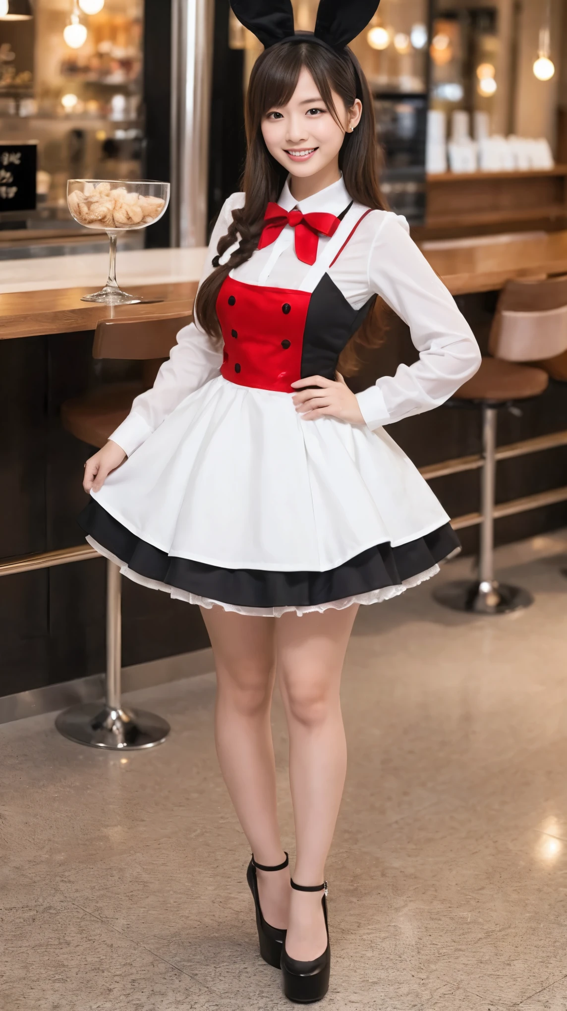 A bunny girl in a red maid outfit working at a maid cafe:1.5，The best smile:1.5，Full Body Shot:1.5，Gray background:1.5，Wearing black high heels:1.5，