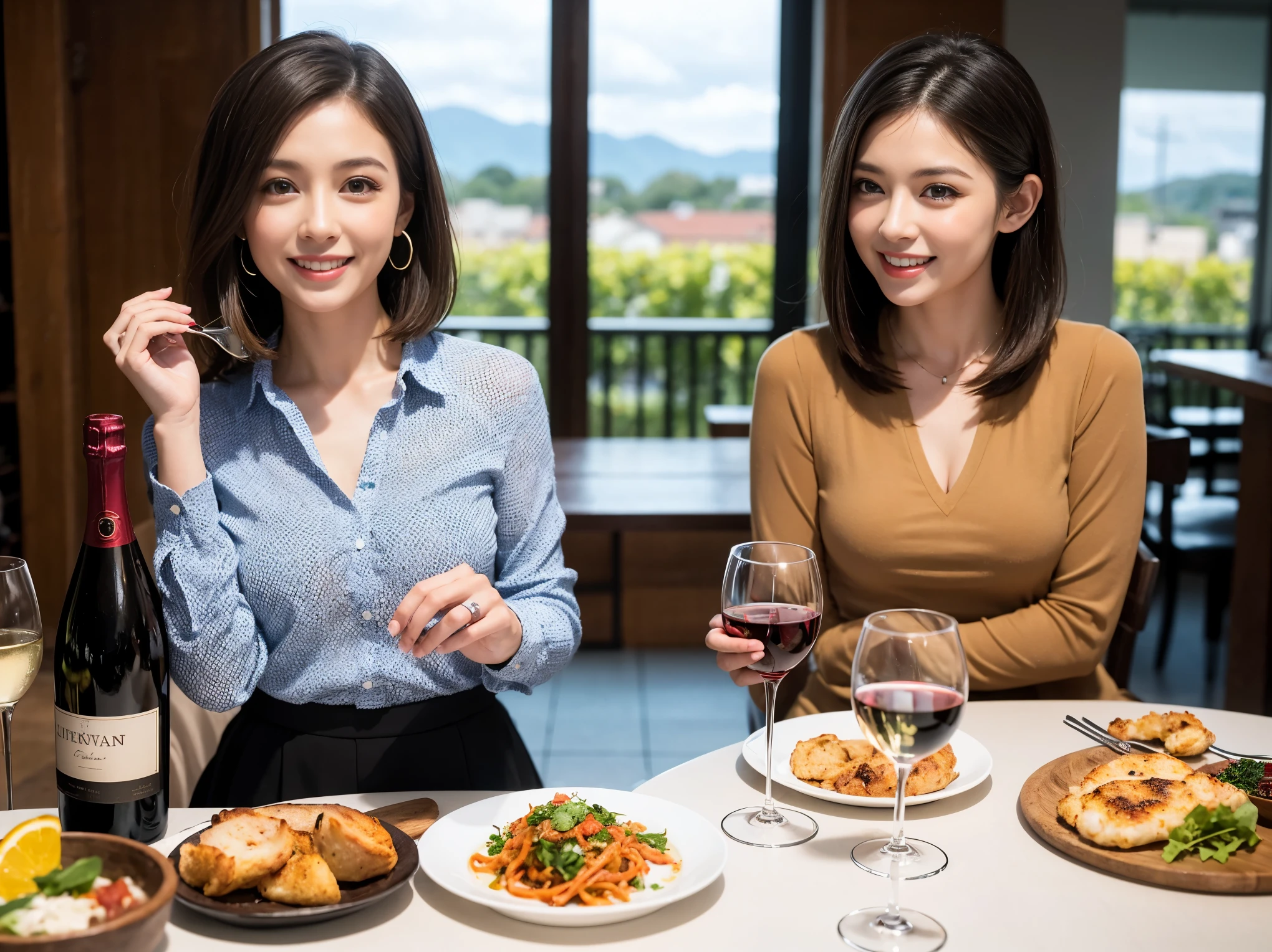 ((highest quality、8k、masterpiece:1.3))、1 male、1 woman who resembles Satomi Ishihara、Couple、Spouse、Couple、The body is slim、((Bob Hale、Straight hair:1.2)), (Realistic, Intricate details:1.2), テーブルの上のwine glass、Shine light on your face、 Amazing view of the sunset sky and clouds、Amazing mountain views、A bright smile、The wonderfulness of smile、Bright image、The beauty of wine, Beautiful Face, blue eyes, The light shines on your face, Blushing, short hair,Bright Face、 (42 years old), 39 years old, red wine 、Appetizers、Italian food、Wine bottle、Champagne、sparkling wine、Two beauties、Brown Hair、Shortcuts、Long sleeve shirt、dress、Pretty Woman 1, (slimな顔), (The body is slim), (Brown Hair), (Shortcuts), cheeks turn a little red,Attractive beauty、restaurant, In a prominent place (From the waist up) Nova Frog Style, actress, model, Upper Body, White wine, slim, wine glass, 中央に置かれたwine glass, smile, (smile: 1.15), Beautiful fine grain, Depth f/2,saturation, High Contrast, Strong light and shadow,Moist Body:1.5、3D texture、Delicate eyes、Brown Hair、The hair is very shiny、