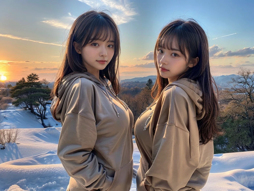 ((top-quality、8K、masterpiece:1.3))、1girl in、Beautiful woman standing on snowy mountain:1.3、(brown long-haired、Colossal tits:1.4)、(Big Silhouette M51 Field Hoodie:1.5)、Super delicate face、Delicat eyes、double eyelid、Close-up of upper body from below、Sunset、