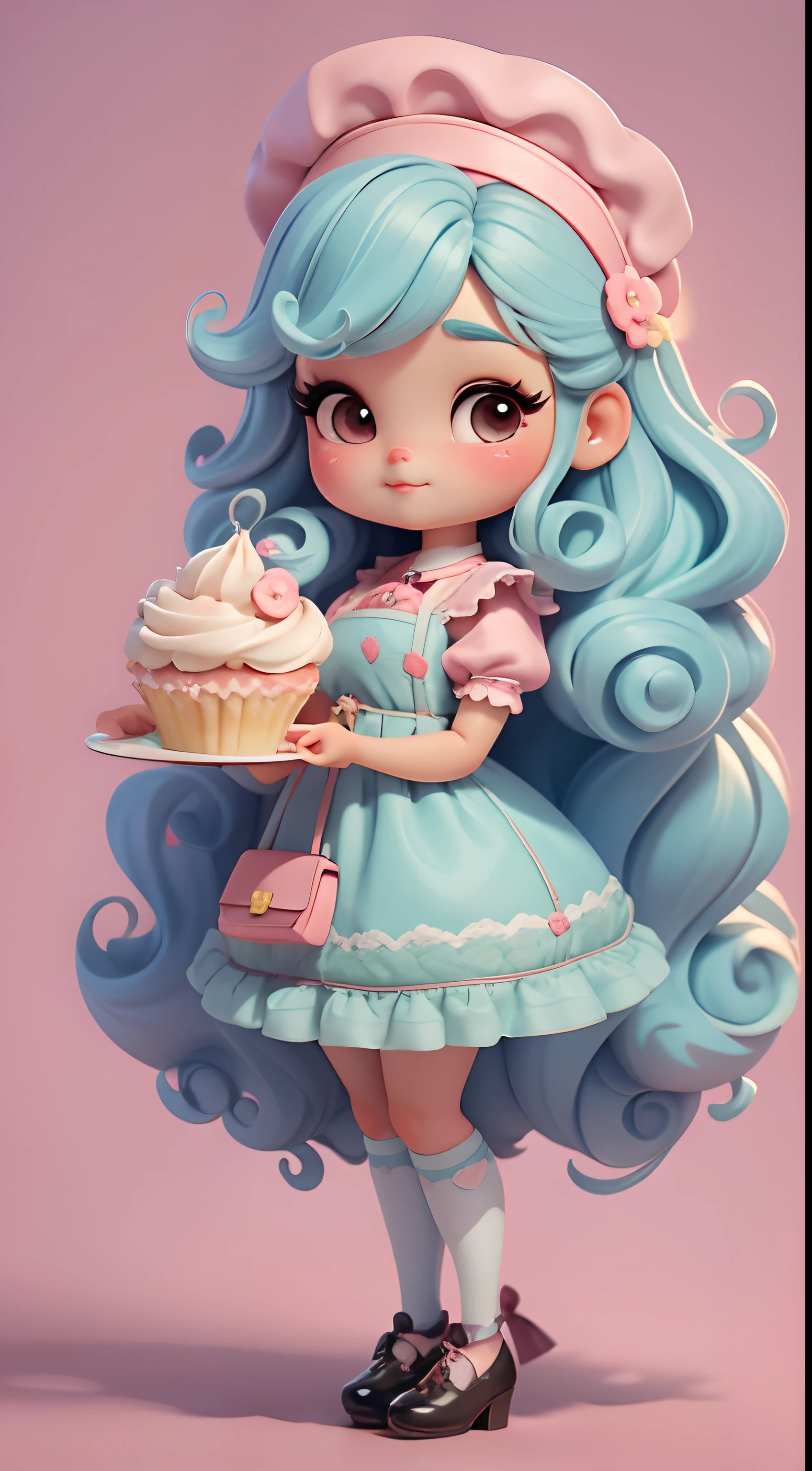 Create a chibi-style doll outfit with a cute pastry chef theme.., Each piece has a lot of detail and 8K resolution... All dolls must follow the same stable and complete background pattern in the picture.., show (cuerpo entero, incluyendo piernas: 1.5)

sweet doll: llamala bella.. Ella debe tener mucho tiempo, pelo rizado en tonos pastel., Atar en dos coletas. Tus ojos deben ser grandes y brillantes.., She has long eyelashes and rosy cheeks... Bella should wear a pastry dress.., Con un delantal con estampado de magdalenas y una falda larga.. He had to wear a chef&#39;s hat and have a bag of candy in his hand.., mientras que en el otro, ella sostiene un plato de pastelitos decorativos.. No olvides los detalles de los cupcakes., With colorful toppings and charming decor., Zapatos lindos. No olvides agregar sombras.., Textura y detalle en el cabello., Ropa, Each doll&#39;s baking and candy equipment., To make them cutest and more charming...