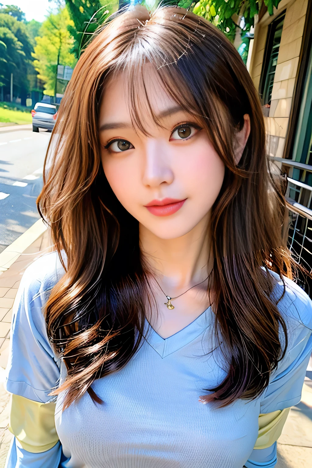 ((Full Body Angle))、((highest quality, 8K, masterpiece: 1.3)), concentrated: 1.2, Cute girl 1,Nipples erect、 Perfect beauty: 1.4,Cut and sewn T-shirt Raglan sleeve summer short sleeve T-shirt.Shorts: 1.2,Long sleeve、Randall Color、comics&Text Graphics、Black ruffle-trimmed drawstring zip blouse,1.1, Highly detailed face and skin textures, Fine grain, double eyelid, whitening skin, ,highest quality,Ultra-high resolution,you,1 girl,alone,_Shiny_skin,Iris,necklace,((Brown_length_Wavy_hair)),(lips)),eyelash,Front hair,deal with,compensate,Shiny,pore,skin texture,Large Breasts、smiling face、Front hair、River side、stroll、