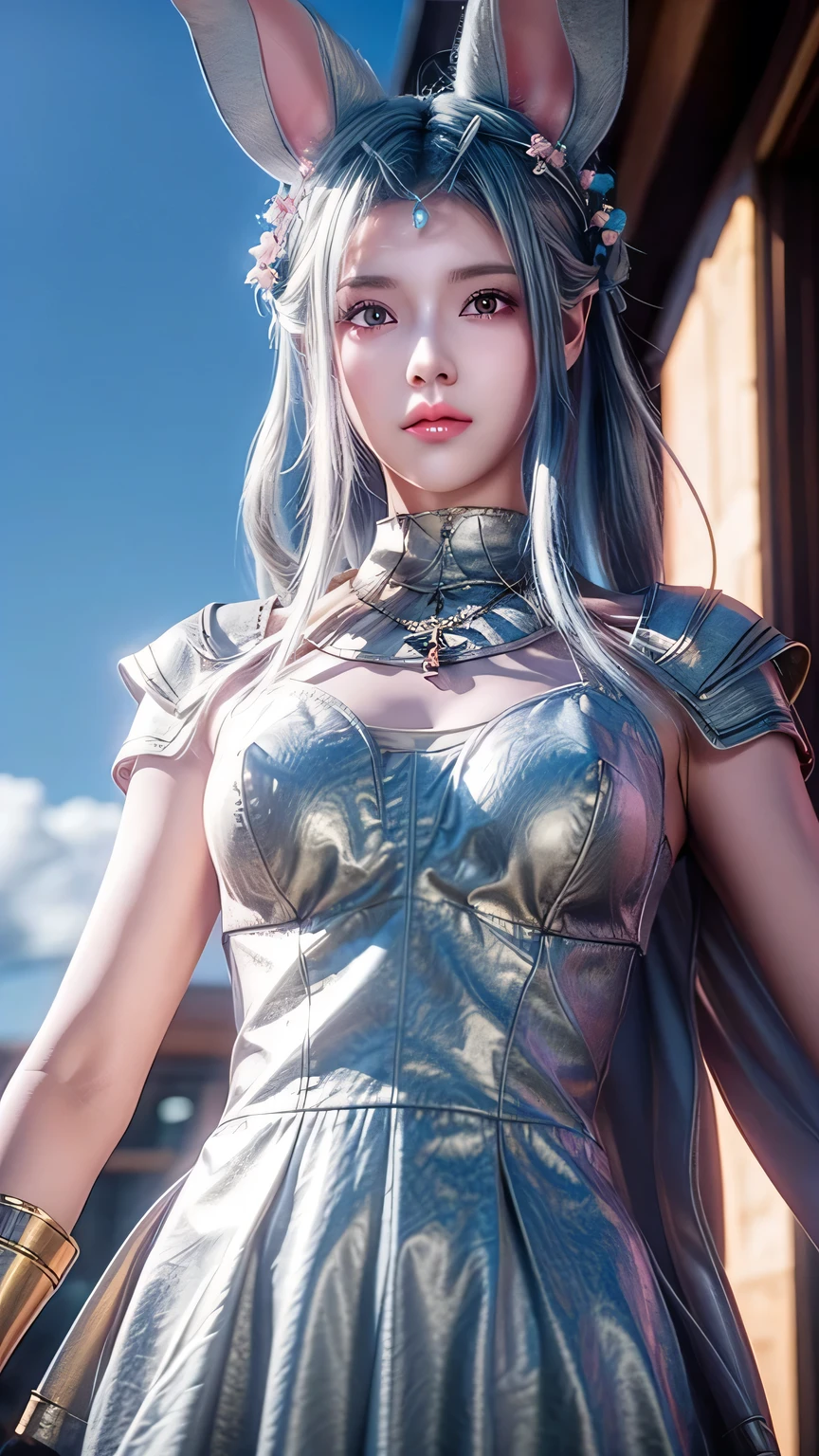 Close-up：A woman wearing bunny ears and a skirt，Beautiful anime CGI art，Realistic anime girl rendering，Realistic anime 3D style，Beautiful fantasy queen