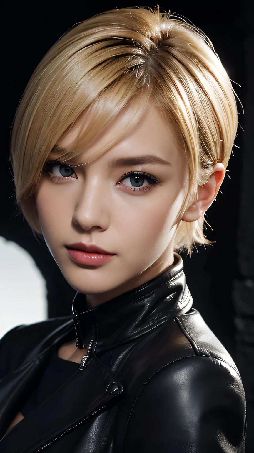 sexyなFace close-up, ((Blonde short hair)), black eye, black cropExcellent, Excellent, Black jacket, black pencil skirt mini, Black boots, Black gloves, 黒いHigh heel boots、sexy, (Short blonde hair), black eye, Black jacket, (black pencil skirt mini), (Black long boots), (Black Leather Gloves), High heel boots、((Portraiture))、masterpiece, 最high quality, high quality, High resolution、((In a dark cave))、Black Theme, ((Stand and pose))、((Face close-up))