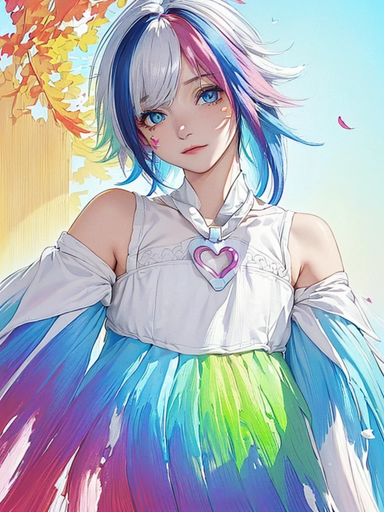 （Pink Fashion T-shirt：1.9），(Colorful hair: 1.8), (all the colours of the rainbow: 1.8),(((((vertical painting：1.6))), （painting：1.6），front, comics, illustrations, paintings, large eyes, crystal clear eyes,（ rainbow color gradient high ponytail：1.7）, exquisite makeup, closed mouth,(Small Fresh: 1.5),(Wipe Chest: 1.6) ，long eyelashes, white off shoulder T-shirt,  White Shoulder Shirt，looking at the audience, large watery eyes, (rainbow colored hair：1.6), color splash, （solo：1.8）, color splash, color explosion, thick paint style, messy lines, ((shining))，(colorful), (colorful), (colorful), colorful, Thick Paint Style, (Splash) (Color Splash), Vertical Painting, Upper Body, Paint Splash, Acrylic Pigment, Gradient, Paint, Highest Image Quality, Highest Quality, Masterpiece, Solo, Depth of Field, Face Paint,  colorful clothes, (Elegant: 1.2), gorgeous,long hair, wind, (Elegant: 1.3), (Petals: 1.4)，(((masterpiece))),(((best quality))),((ultra-detailed)),(illustration),(dynamic angle),((floating)),(paint),((disheveled hair)),(solo),(1girl) , (((detailed anima face))),((beautiful detailed face)),collar,bare shoulders,white hair, ((colorful hair)),((streaked hair)),beautiful detailed eyes,(Gradient color eyes),(((colorful eyes))),(((colorful background))),(((high saturation))),(((surrounded by colorful splashes))),