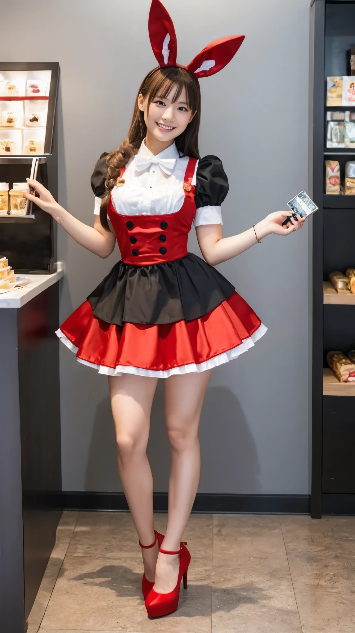 A bunny girl in a red maid outfit working at a maid cafe:1.5,The best smile:1.5,Full Body Shot:1.5,Gray background:1.5,Wearing black high heels:1.5,