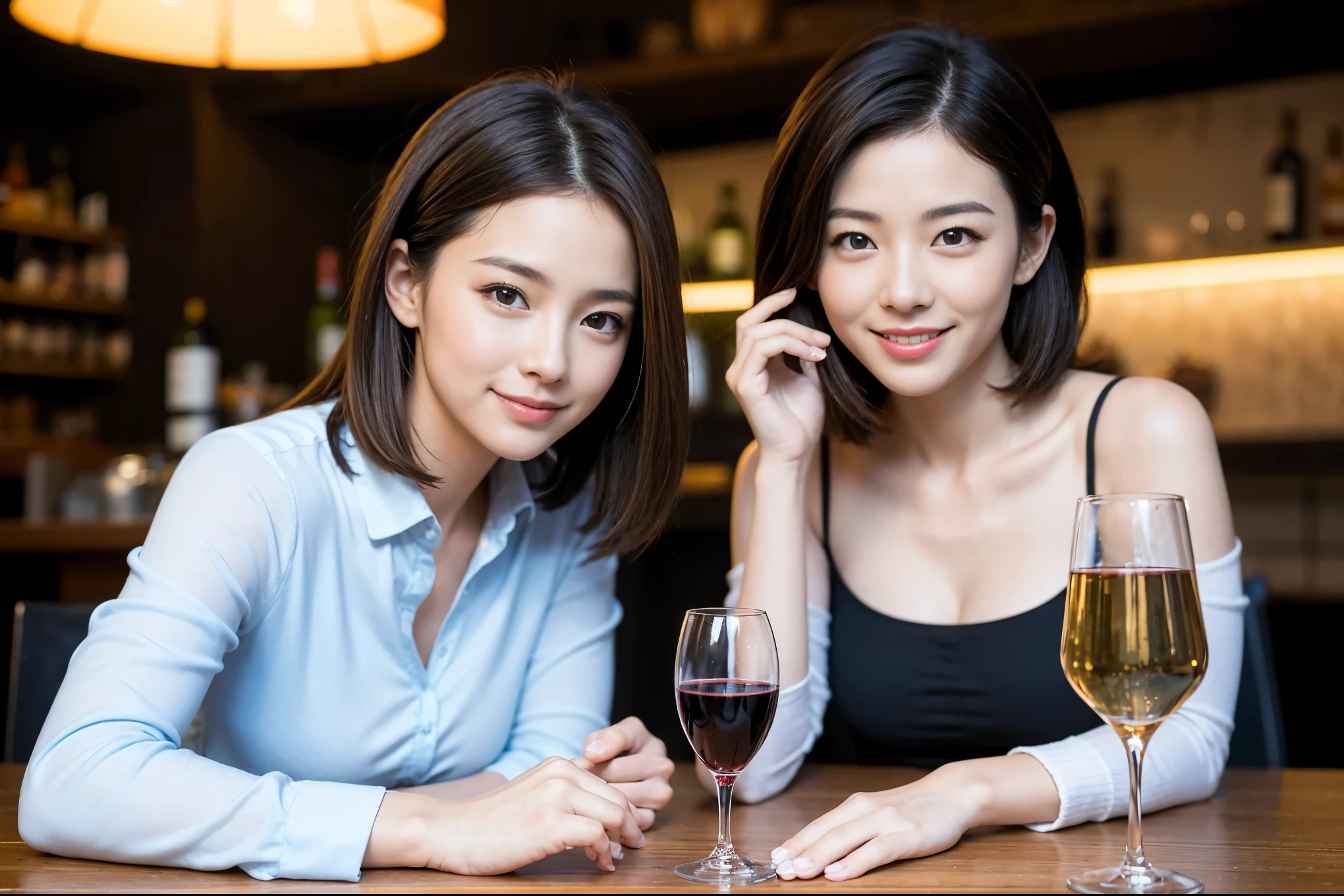 ((highest quality、8k、masterpiece:1.3))、1 male、1 woman who resembles Satomi Ishihara、Couple、Spouse、Couple、The body is slim、((Bob Hale、Straight hair:1.2)), (Realistic, Intricate details:1.2), Wine glass on the table、Put the light on your face、 Amazing view of the sunset sky and clouds、Amazing mountain views、A bright smile、The wonderfulness of smile、Bright image、The beauty of wine, Beautiful Face, blue eyes, The light shines on your face, Blushing, short hair,Bright Face、 (Age 42), 39 years old, red wine 、Appetizers、Italian food、Wine bottle、Champagne、sparkling wine、Two beauties、Brown Hair、Shortcuts、Long sleeve shirt、dress、Pretty Woman 1, (Slim face), (The body is slim), (Brown Hair), (Shortcuts), cheeks turn a little red,Attractive beauty、restaurant, In a prominent place (From the waist up) Nova Frog Style, actress, model, Upper Body, White wine, slim, wine glass, A wine glass placed in the center, smile, (smile: 1.15), Beautiful fine grain, Depth f/2,saturation, High Contrast, Strong light and shadow,Moist Body:1.5、3D texture、Delicate eyes、Brown Hair、The hair is very shiny、